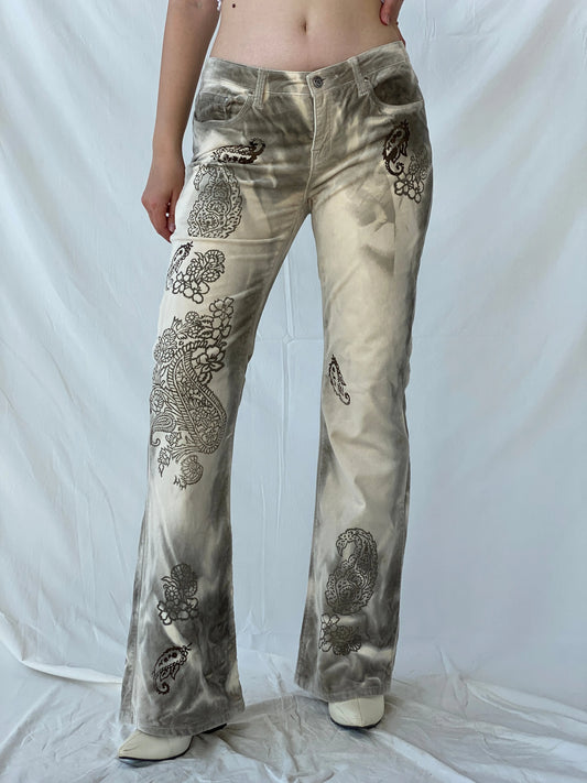 Rare Vintage Bebe Jeans Gray & Beige Tones Graphic Flared Velvet Pants - 38EUR - Balagan Vintage Pants Ayah, Deals, pants, rare find, rare vintage, vintage pants, women pants
