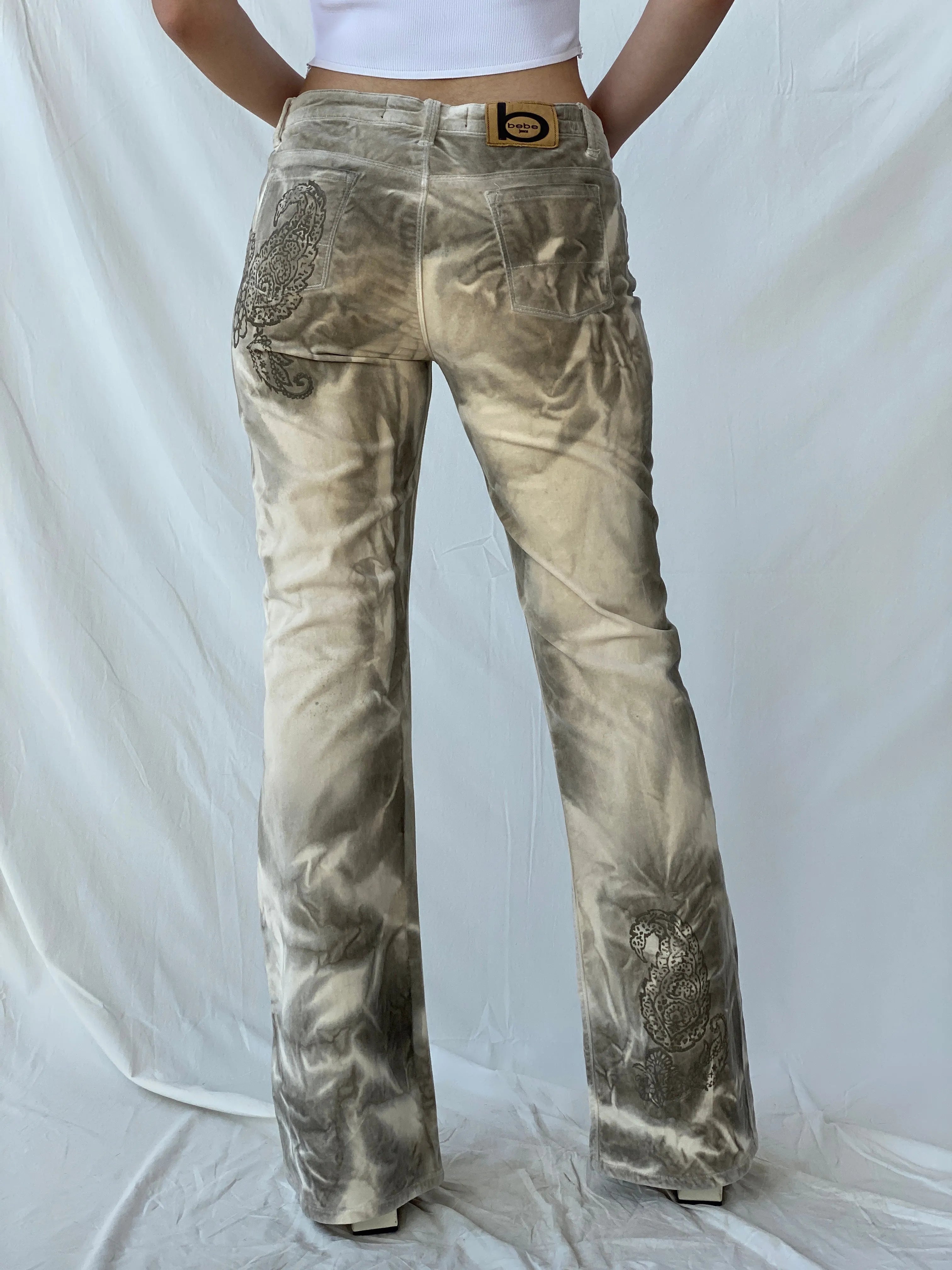 Rare Vintage Bebe Jeans Gray & Beige Tones Graphic Flared Velvet Pants - 38EUR - Balagan Vintage Pants Ayah, Deals, pants, rare find, rare vintage, vintage pants, women pants