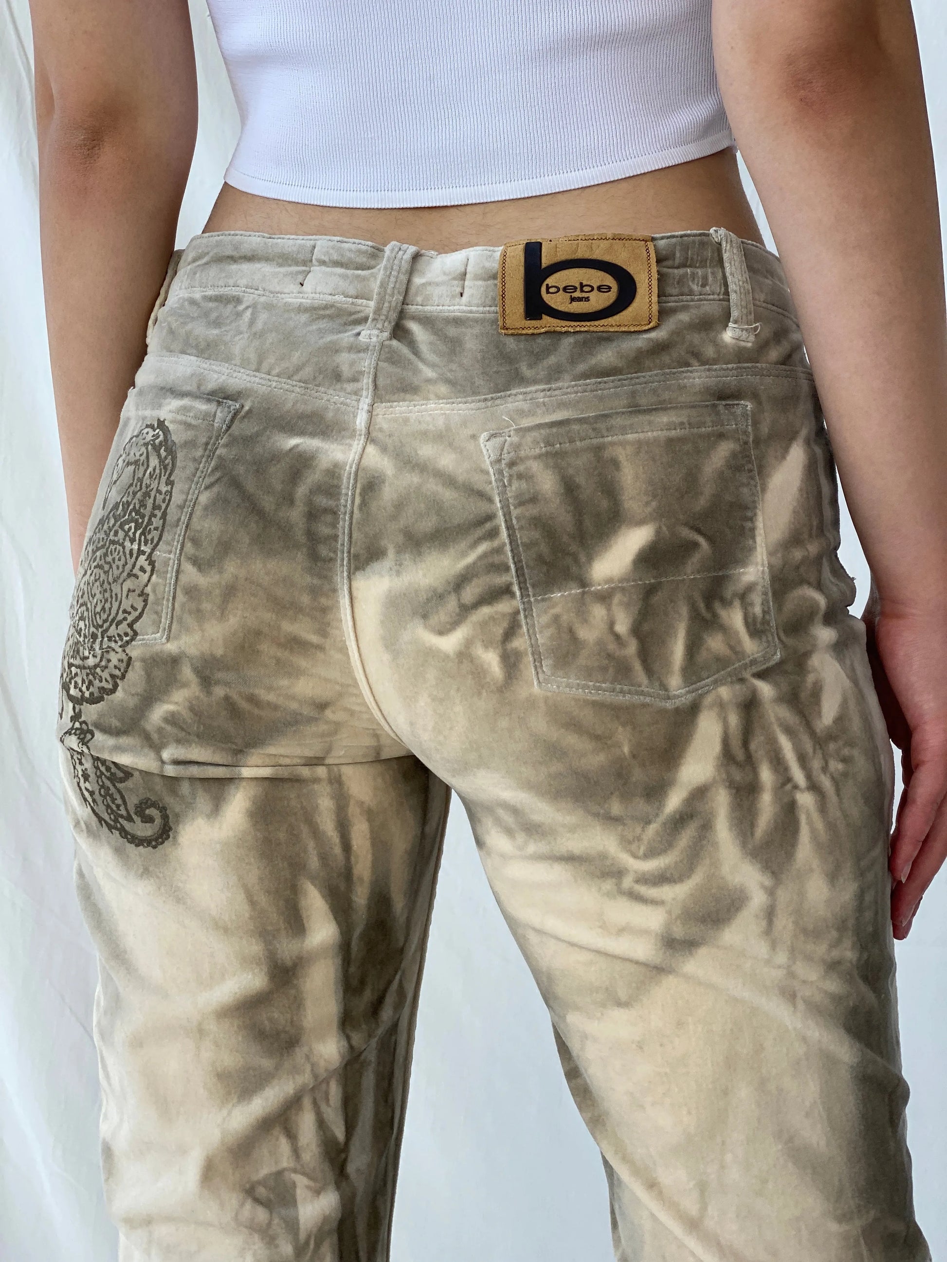 Rare Vintage Bebe Jeans Gray & Beige Tones Graphic Flared Velvet Pants - 38EUR - Balagan Vintage Pants Ayah, Deals, pants, rare find, rare vintage, vintage pants, women pants