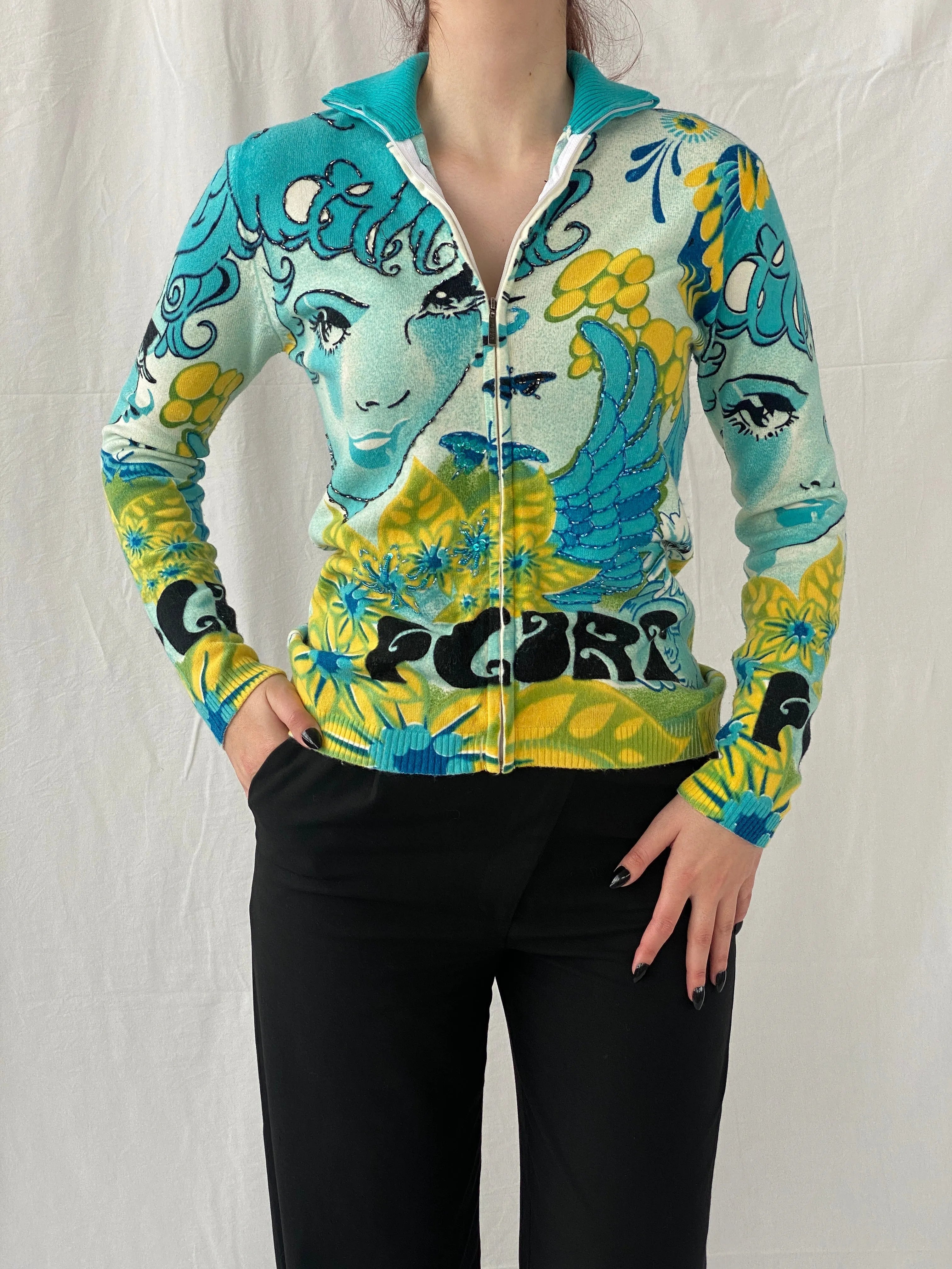 Rare Vintage Noun Paris Graphic Blue Beaded Zip Up Cardigan - M - Balagan Vintage Cardigan 00s, Ayah, cardigan, graphic, graphic top, knitted cardigan, NEW IN