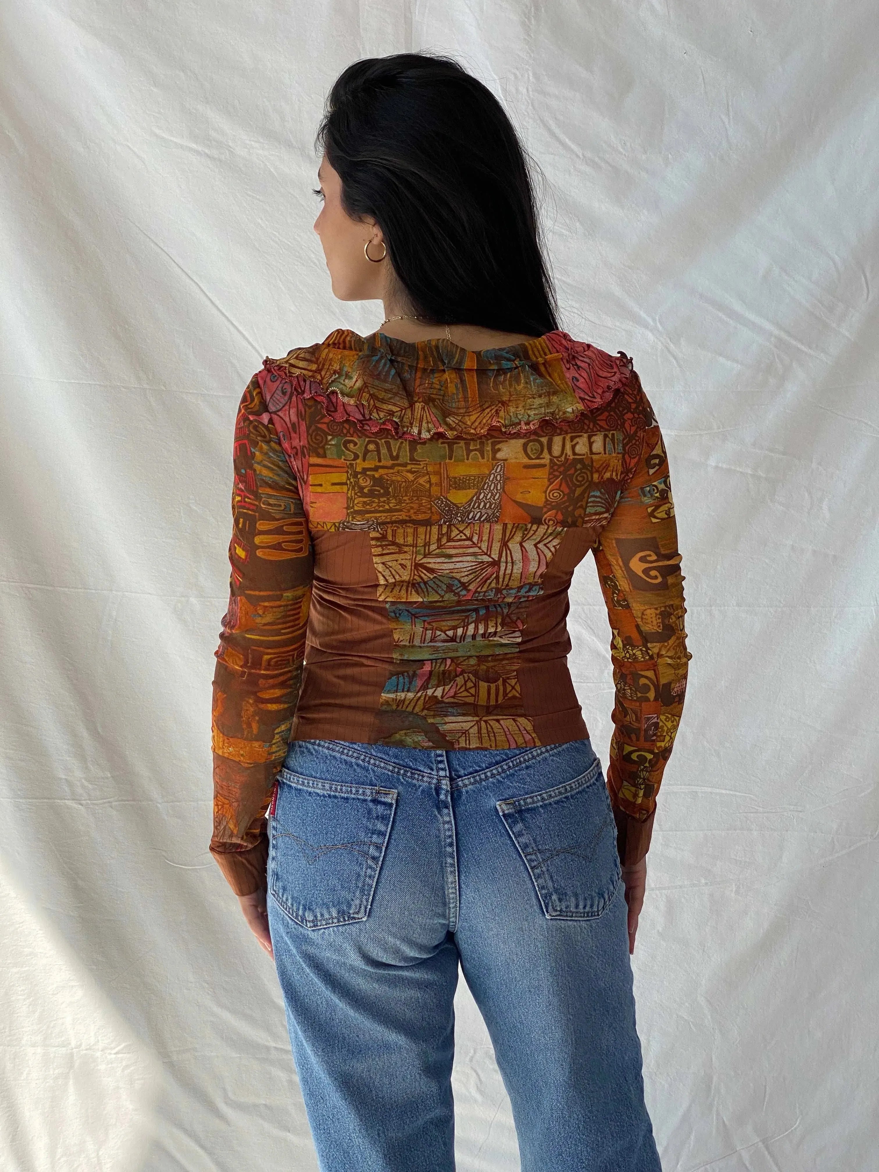 Rare Vintage Save The Queen Graphic Multicolored Zip Up Mesh Top - M - Balagan Vintage Full Sleeve Top 00s, Deals, full sleeve top, Lana, save the queen, summer