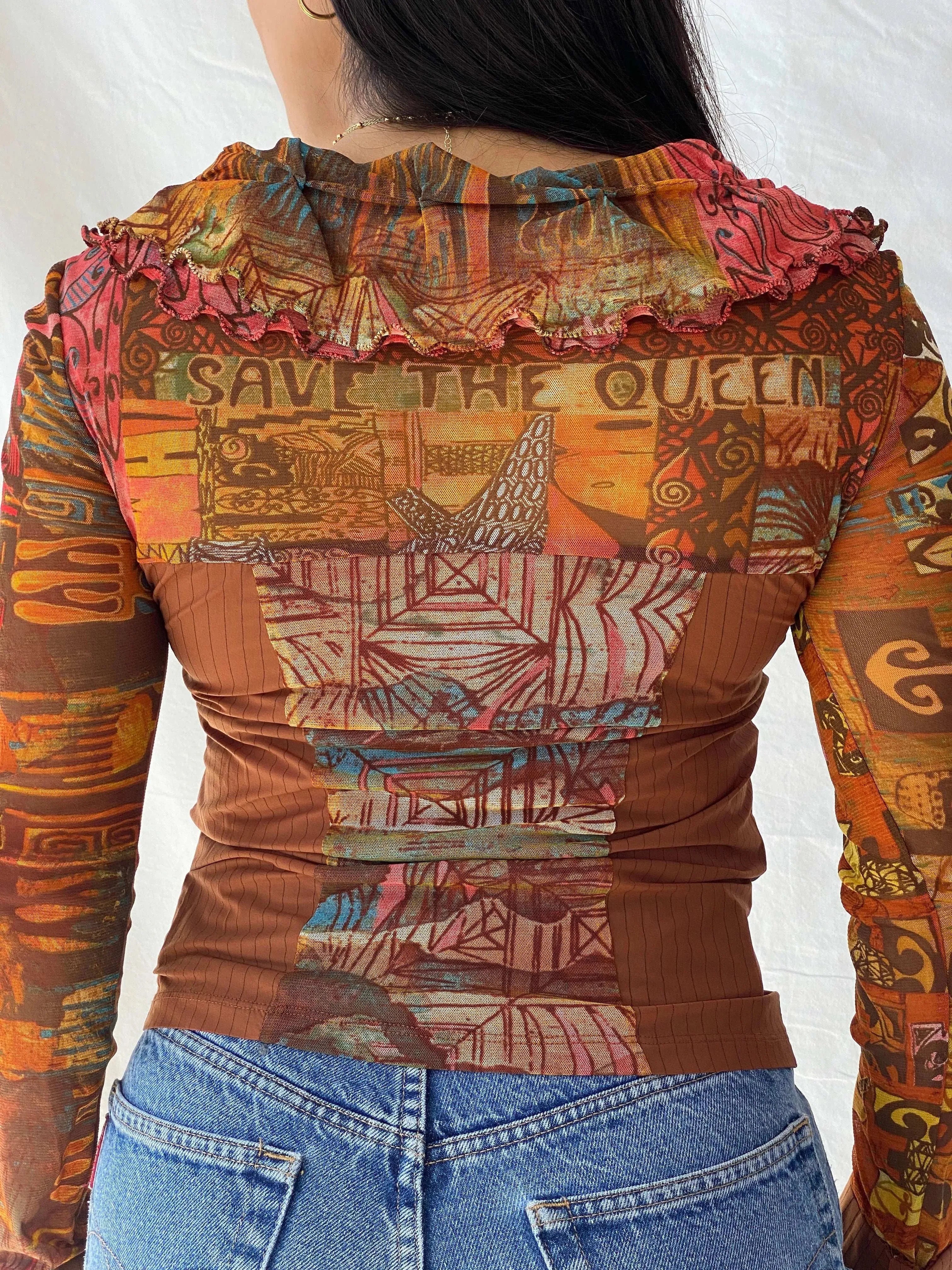 Rare Vintage Save The Queen Graphic Multicolored Zip Up Mesh Top - M - Balagan Vintage Full Sleeve Top 00s, Deals, full sleeve top, Lana, save the queen, summer