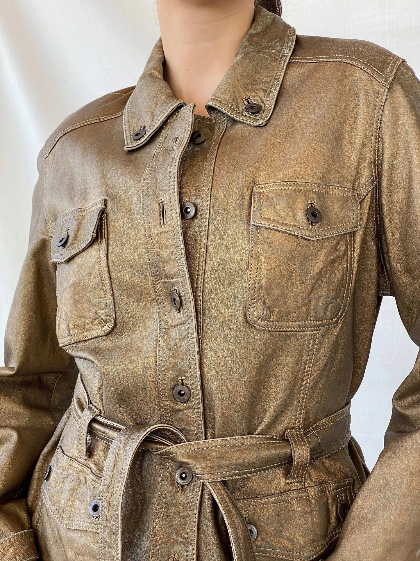 Rick Cardona Designer Metallic Bronze Genuine Leather jacket - L - Balagan Vintage Leather Jacket 90s, Coats&Jackets, Deals, genuine leather jacket, leather jacket, Mira, winter, Women's Leather Jackets
