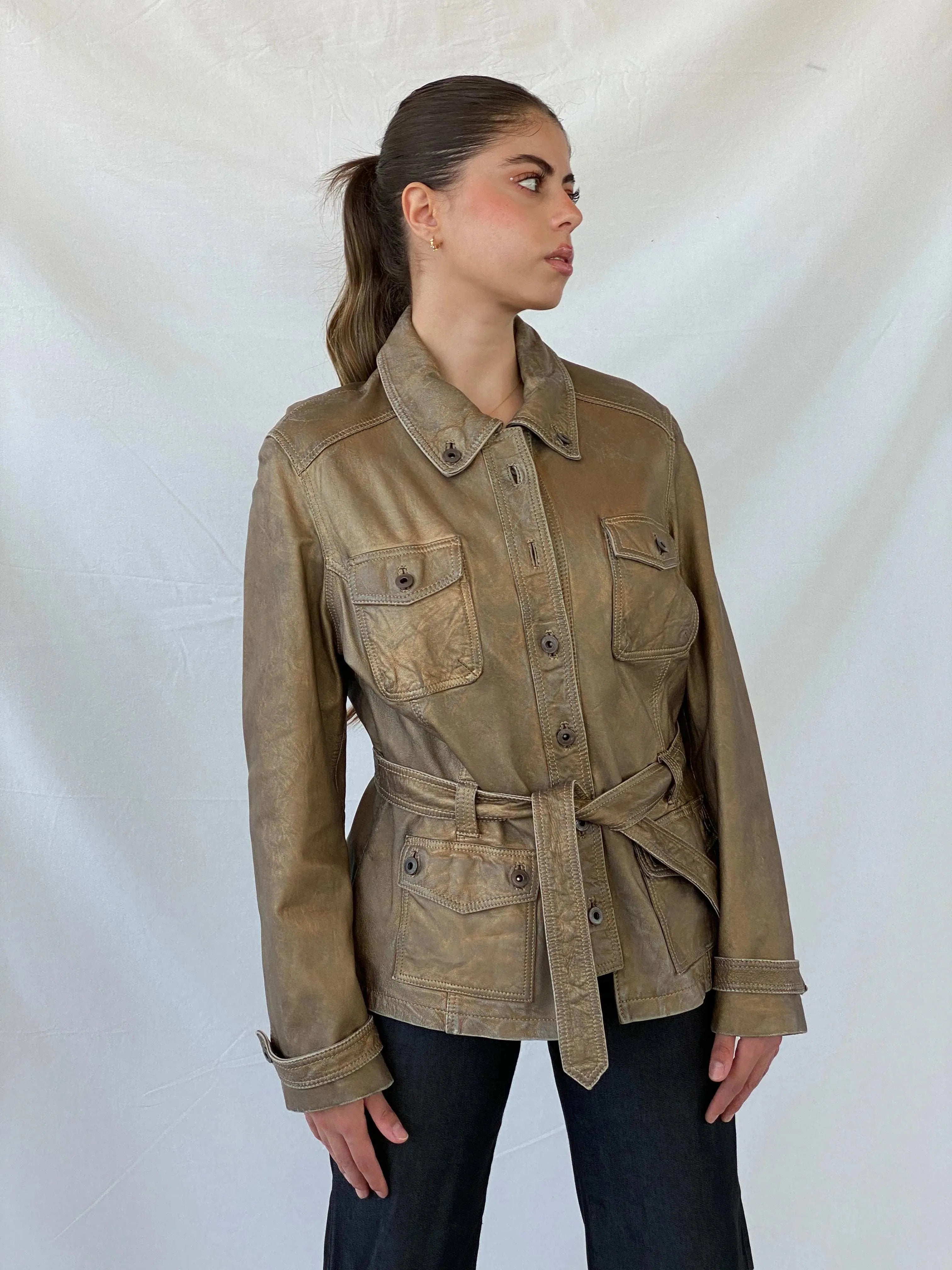 Rick Cardona Designer Metallic Bronze Genuine Leather jacket - L - Balagan Vintage Leather Jacket 90s, Coats&Jackets, Deals, genuine leather jacket, leather jacket, Mira, winter, Women's Leather Jackets