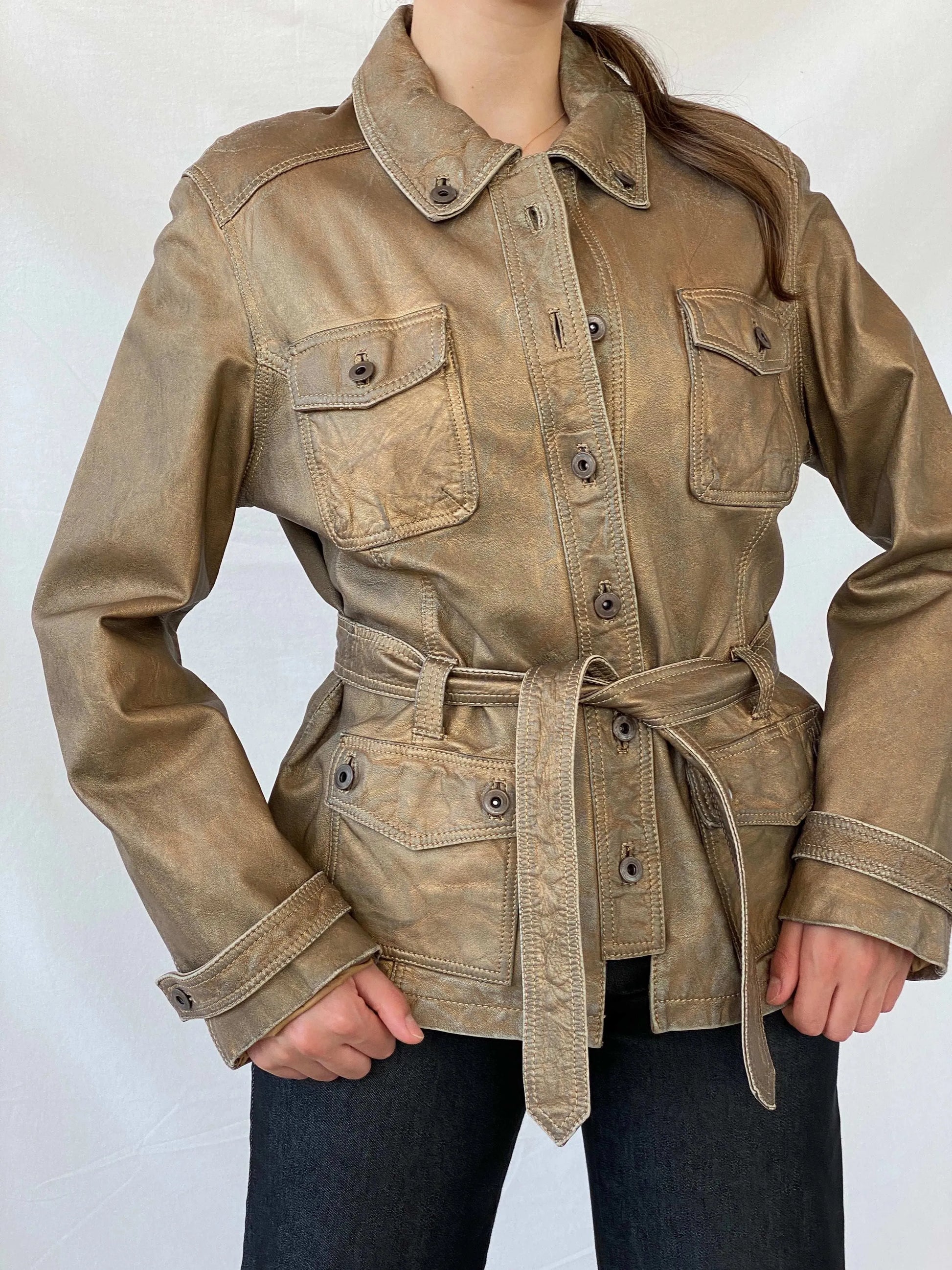 Rick Cardona Designer Metallic Bronze Genuine Leather jacket - L - Balagan Vintage Leather Jacket 90s, Coats&Jackets, Deals, genuine leather jacket, leather jacket, Mira, winter, Women's Leather Jackets