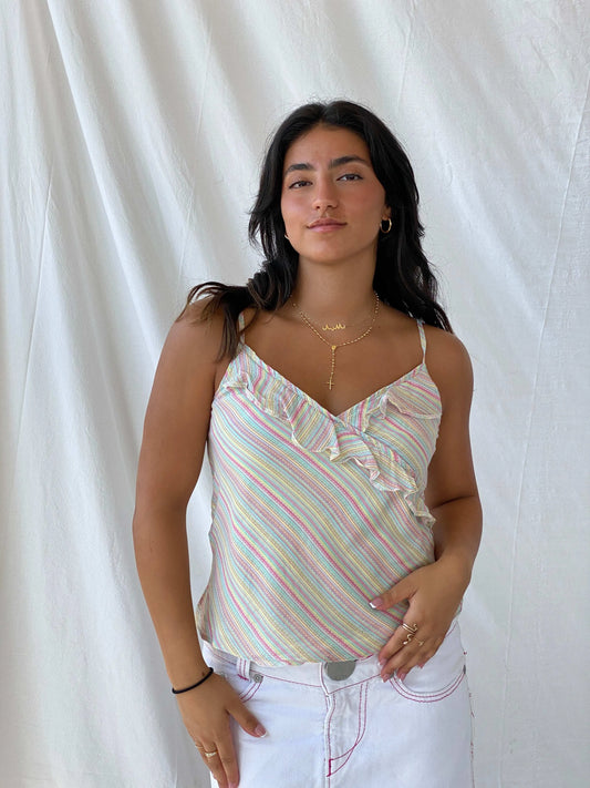 Rocha John Rocha Striped Colorful Pastel Ruffled Cami - M - Balagan Vintage Cami 00s, Cami, Lana, silk, summer