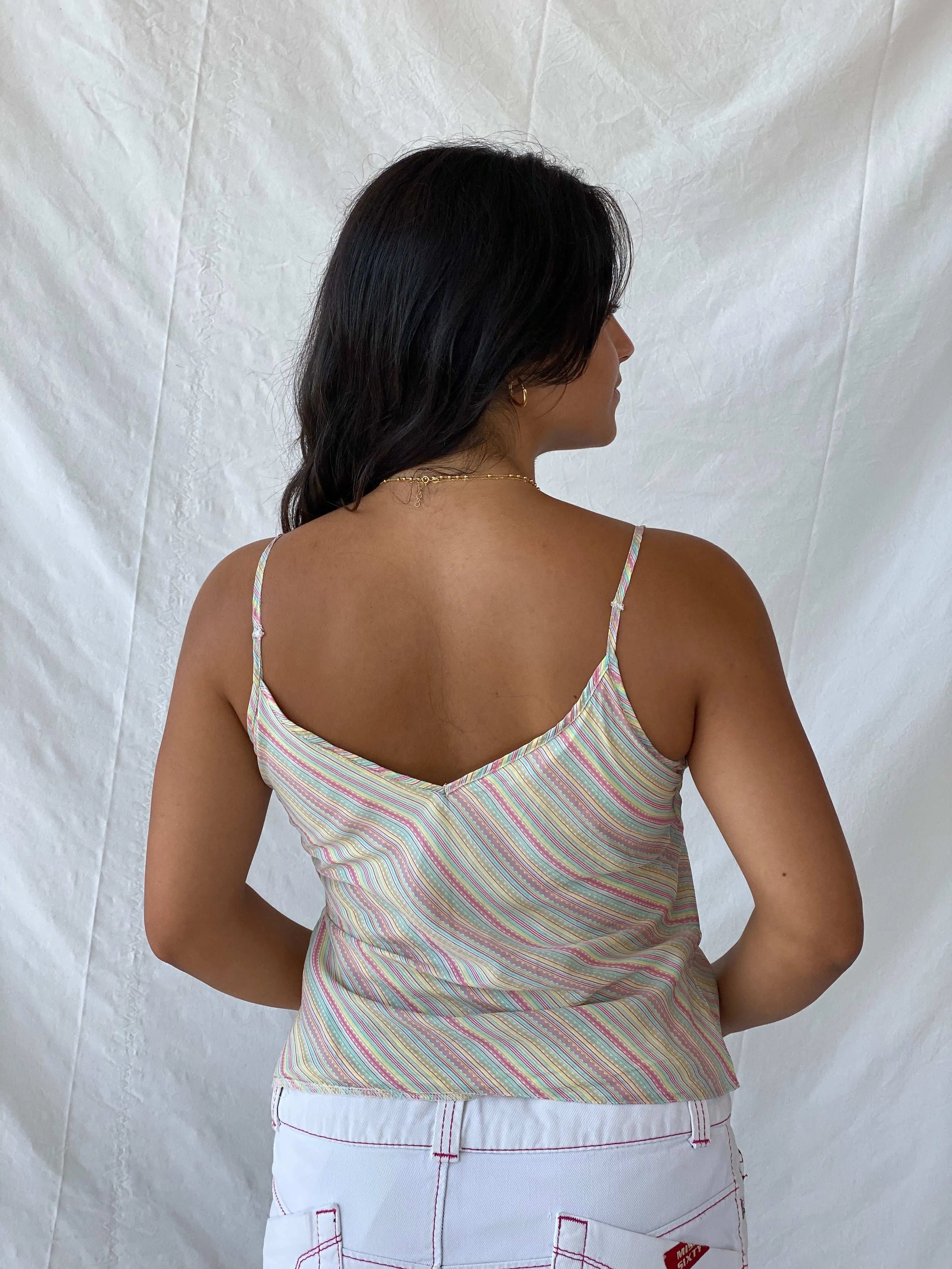 Rocha John Rocha Striped Colorful Pastel Ruffled Cami - M - Balagan Vintage Cami 00s, Cami, Lana, silk, summer
