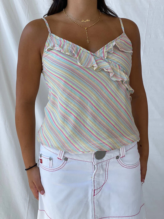 Rocha John Rocha Striped Colorful Pastel Ruffled Cami - M - Balagan Vintage Cami 00s, Cami, Lana, silk, summer