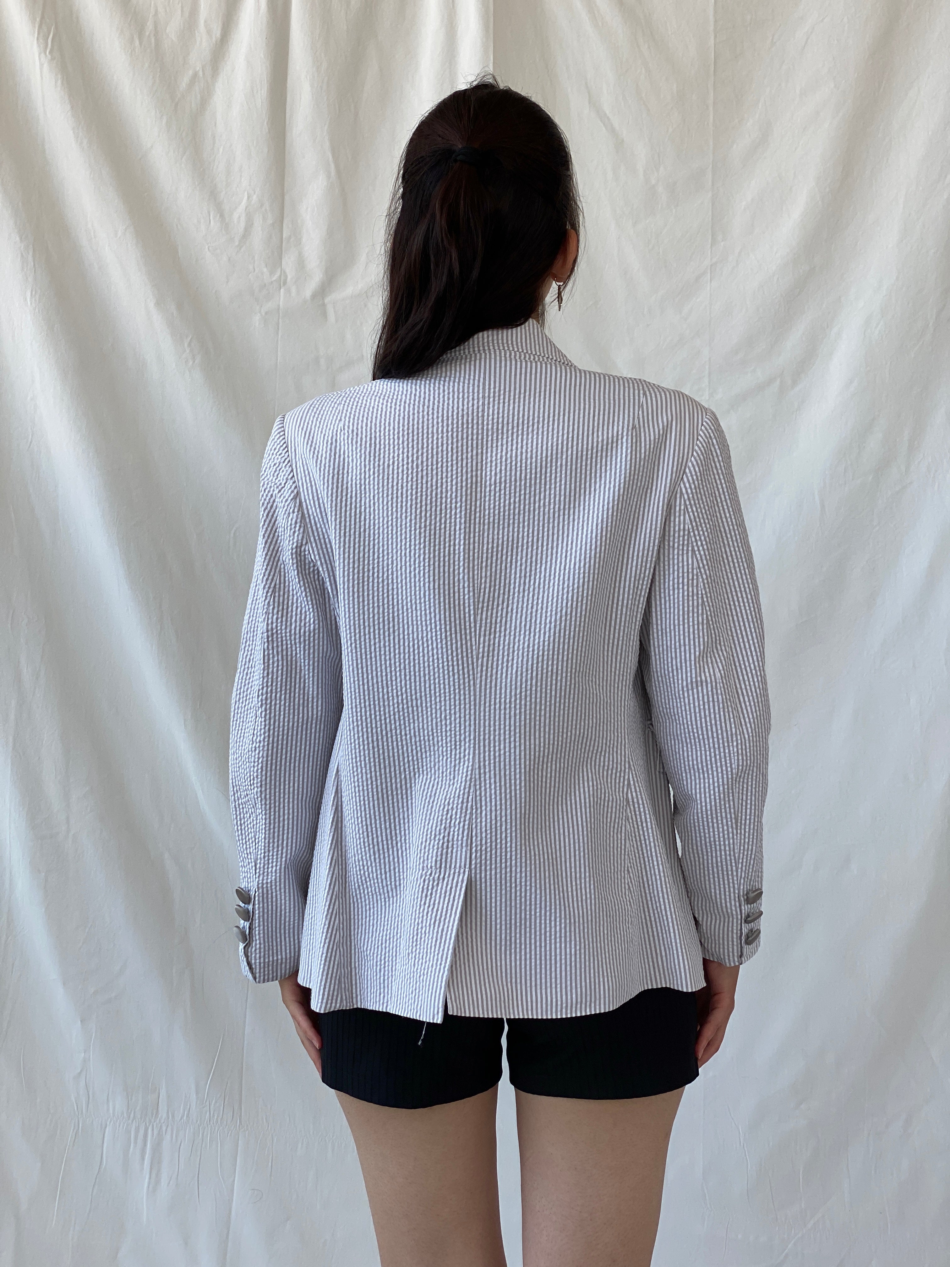 Seleste GiYim Cotton Striped Blazer Crest Patch Preppy Academic-Core Seersucker Jacket - L - Balagan Vintage Blazer 00s, Ayah, blazer, Coats&Jackets, consignment, denim, floral, full sleeve blazer, NEW IN, Shereen, winter, Women's Blazers