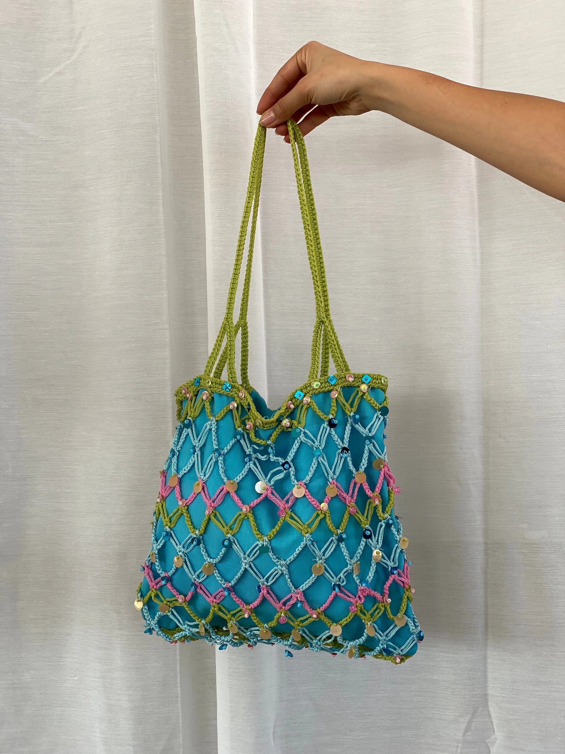 Sequin Blue Handmade Fishnet Crochet Bucket Summery Tote Bag - Balagan Vintage Shoulder Bag 90s, bag, beaded, beaded bag, shoulder bag