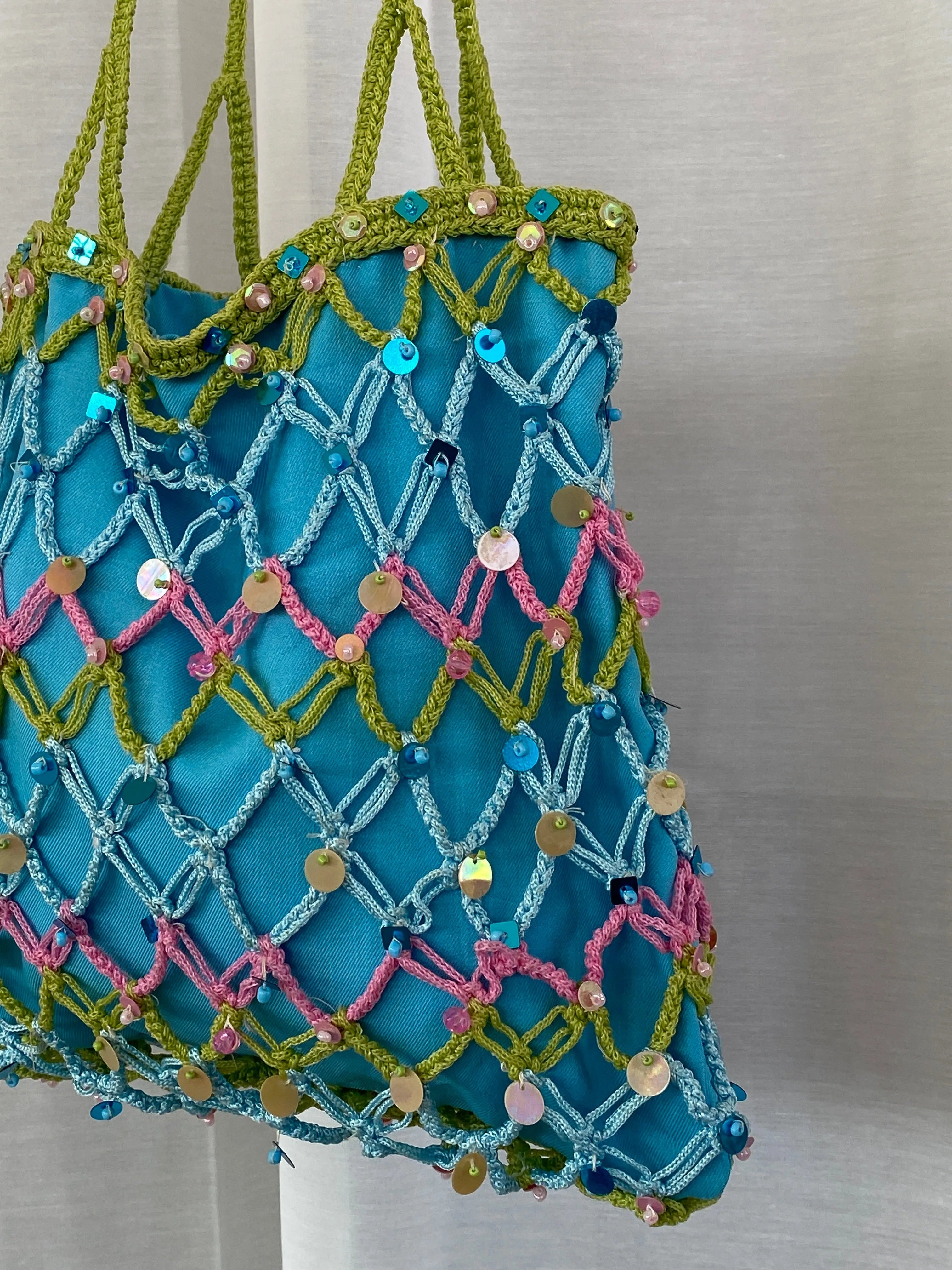 Sequin Blue Handmade Fishnet Crochet Bucket Summery Tote Bag - Balagan Vintage Shoulder Bag 90s, bag, beaded, beaded bag, shoulder bag