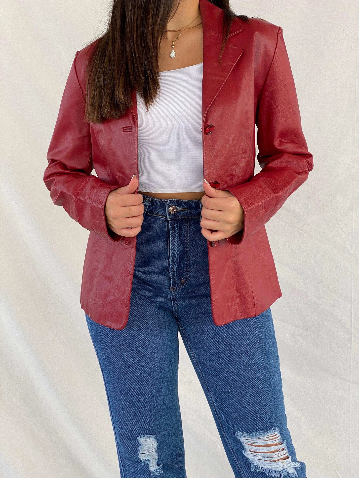Snap Shot Genuine Red Leather Blazer Jacket - Balagan Vintage Leather Blazer 00s, 90s, genuine leather, genuine leather jacket, Rama