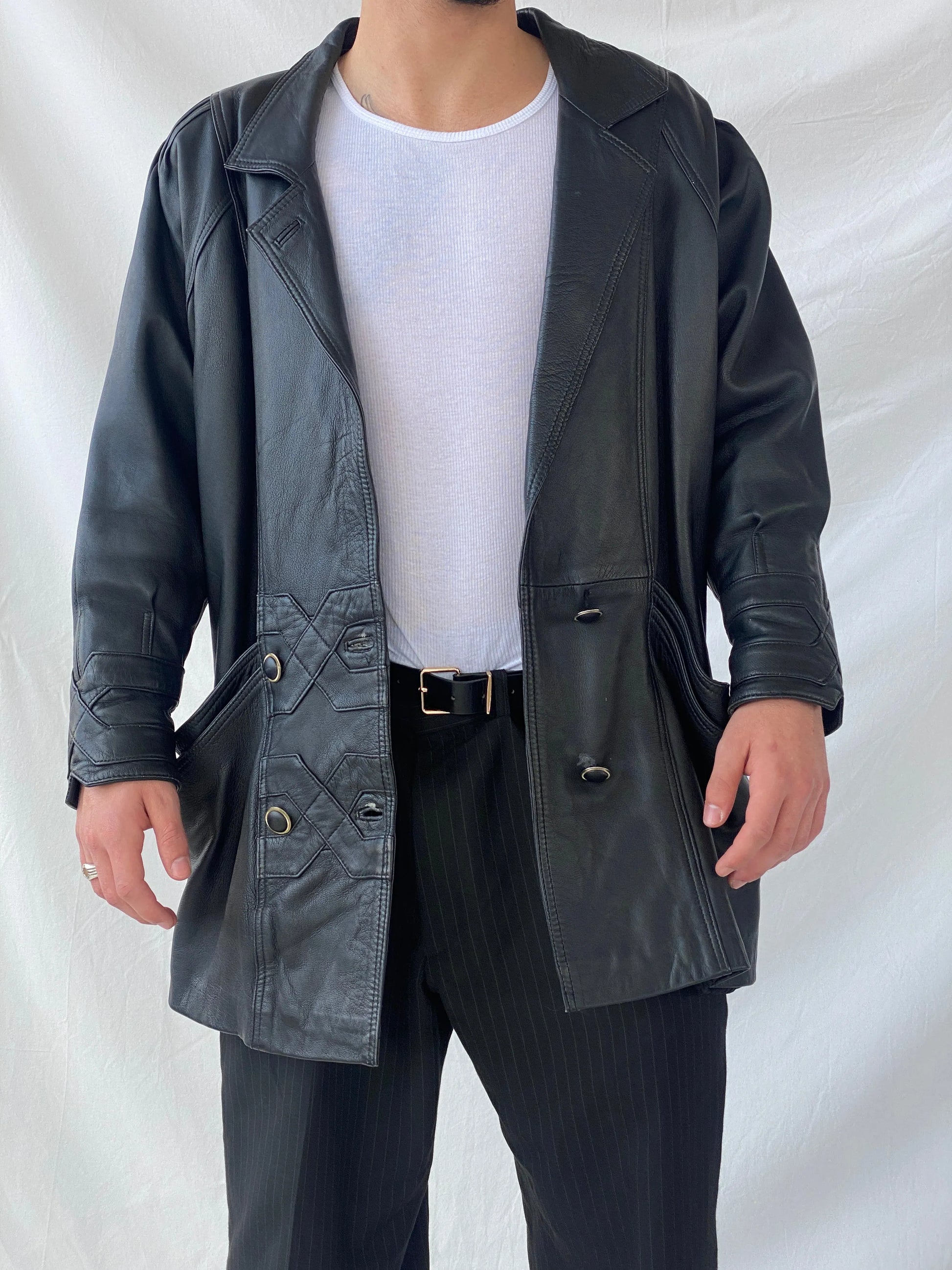 Statement 90s Vintage Genuine Italian Black Leather Coat with Geometric Details - L - Balagan Vintage Leather Jacket 90s, consignment, Farah, genuine leather, genuine leather jacket, Hamza, leather blazer, winter