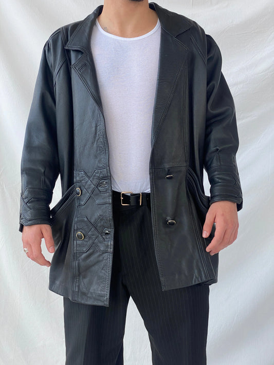 Statement 90s Vintage Genuine Italian Black Leather Coat with Geometric Details - L - Balagan Vintage Leather Jacket 90s, consignment, Farah, genuine leather, genuine leather jacket, Hamza, leather blazer, winter