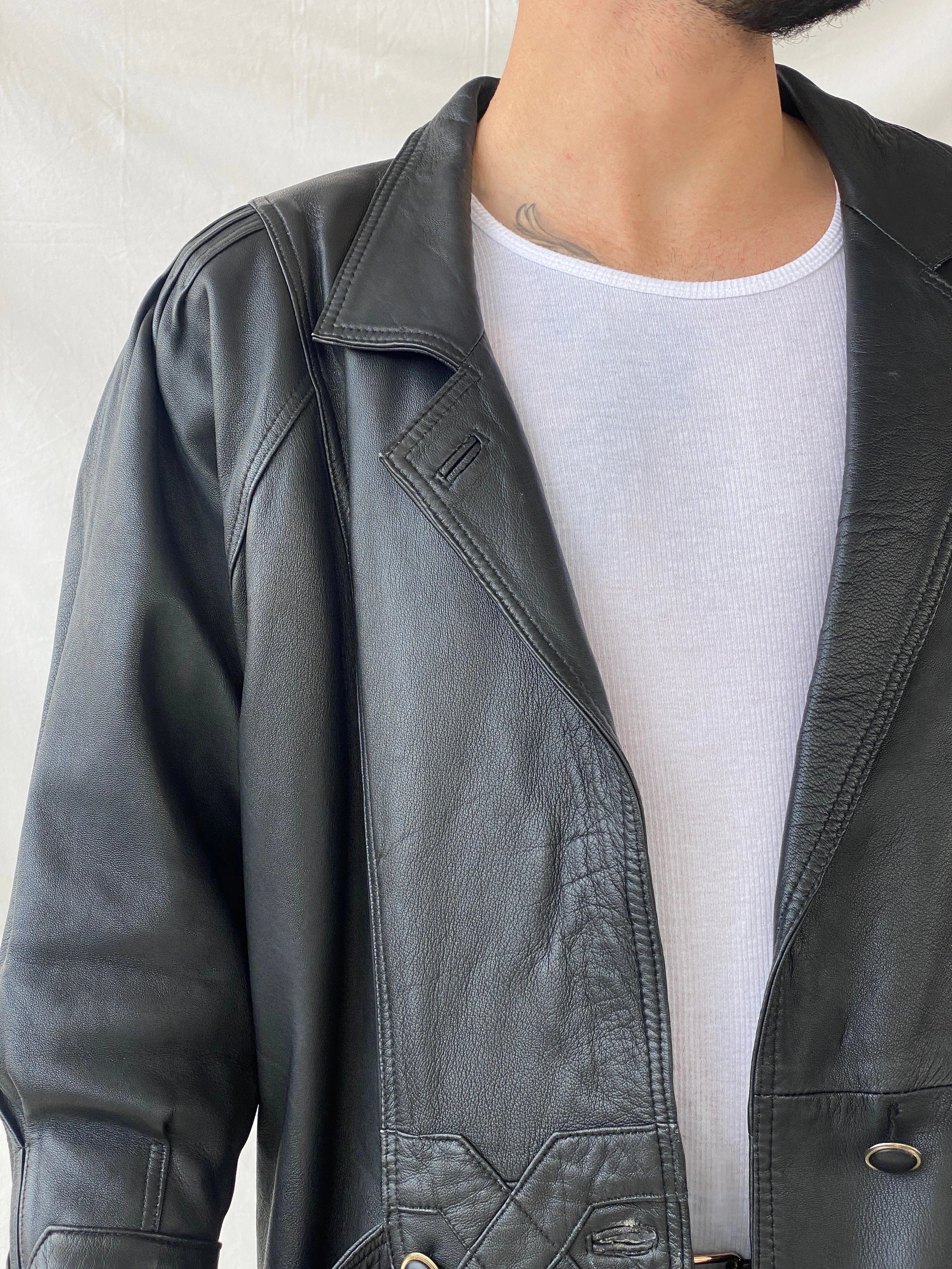 Statement 90s Vintage Genuine Italian Black Leather Coat with Geometric Details - L - Balagan Vintage Leather Jacket 90s, consignment, Farah, genuine leather, genuine leather jacket, Hamza, leather blazer, winter