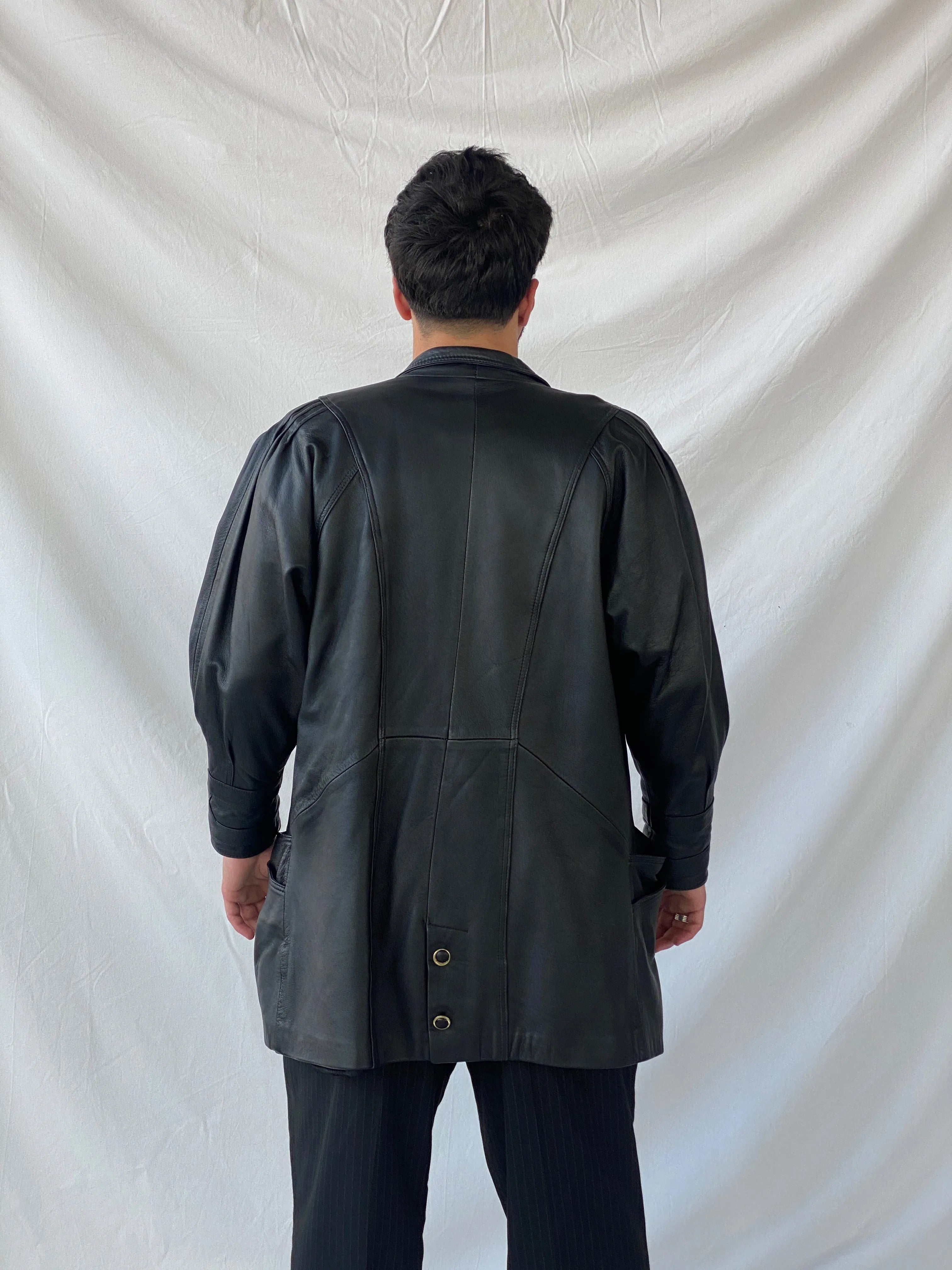 Statement 90s Vintage Genuine Italian Black Leather Coat with Geometric Details - L - Balagan Vintage Leather Jacket 90s, consignment, Farah, genuine leather, genuine leather jacket, Hamza, leather blazer, winter
