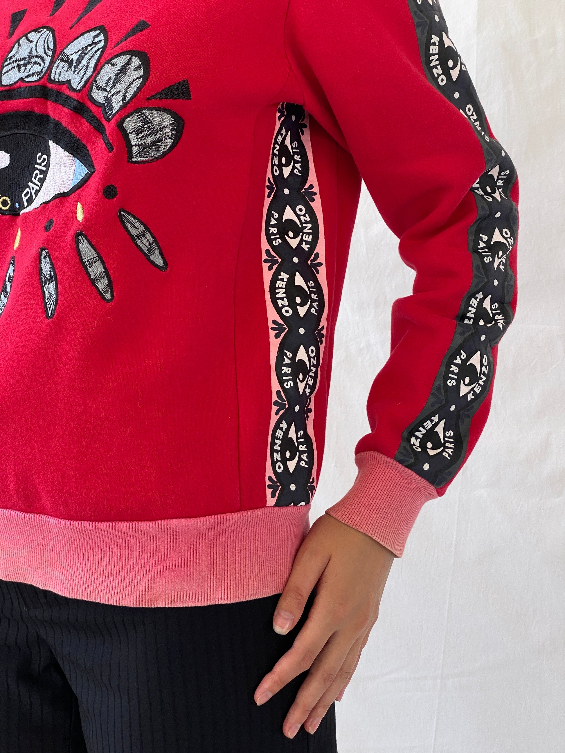 Statement Kenzo Paris Red Fleece Eye Print Sweater Crew Neck Cotton Sweatshirt - S - Balagan Vintage Sweater 00s, Ayah, consignment, cotton, Hala, kenzo, winter, women top