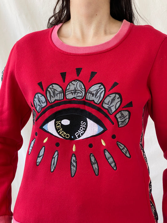 Statement Kenzo Paris Red Fleece Eye Print Sweater Crew Neck Cotton Sweatshirt - S - Balagan Vintage Sweater 00s, Ayah, consignment, cotton, Hala, kenzo, winter, women top
