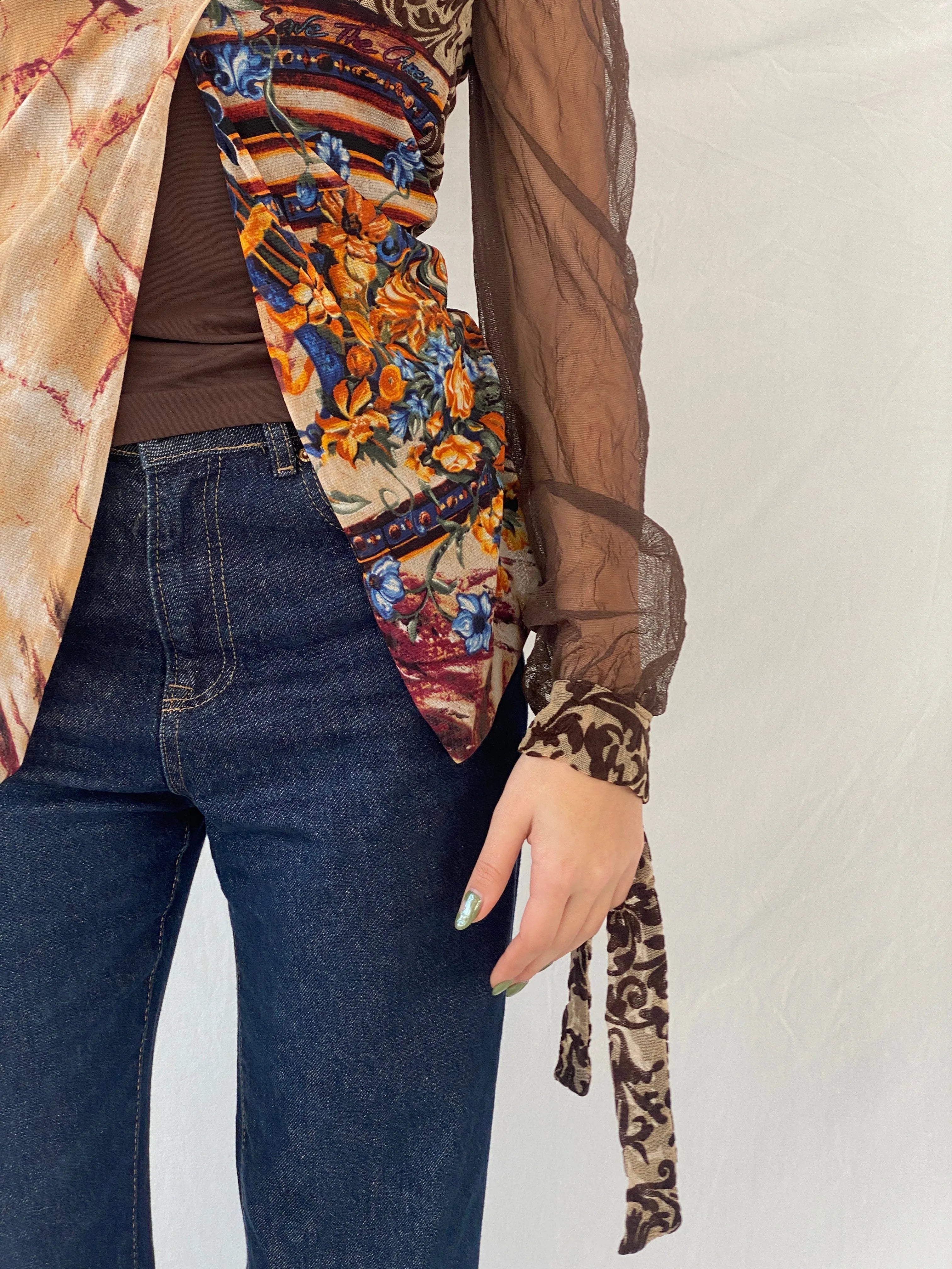 Statement Save The Queen Brown Long Sheer Sleeves Asymmetric Top - M - Balagan Vintage Full Sleeve Top 00s, consignment, Danadabbas, full sleeve top, rare find, rare vintage, save the queen, Syntia, women top