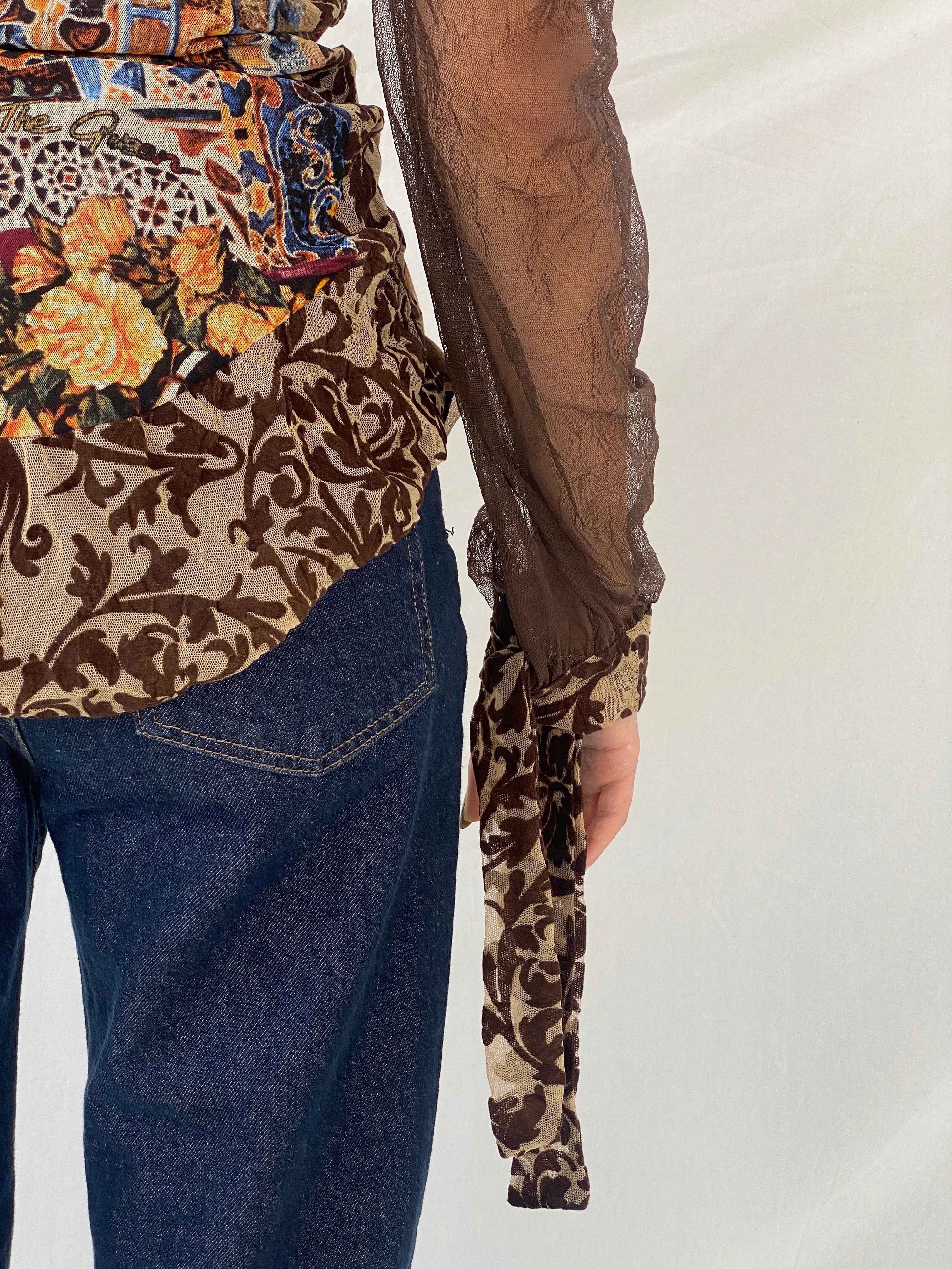 Statement Save The Queen Brown Long Sheer Sleeves Asymmetric Top - M - Balagan Vintage Full Sleeve Top 00s, consignment, Danadabbas, full sleeve top, rare find, rare vintage, save the queen, Syntia, women top