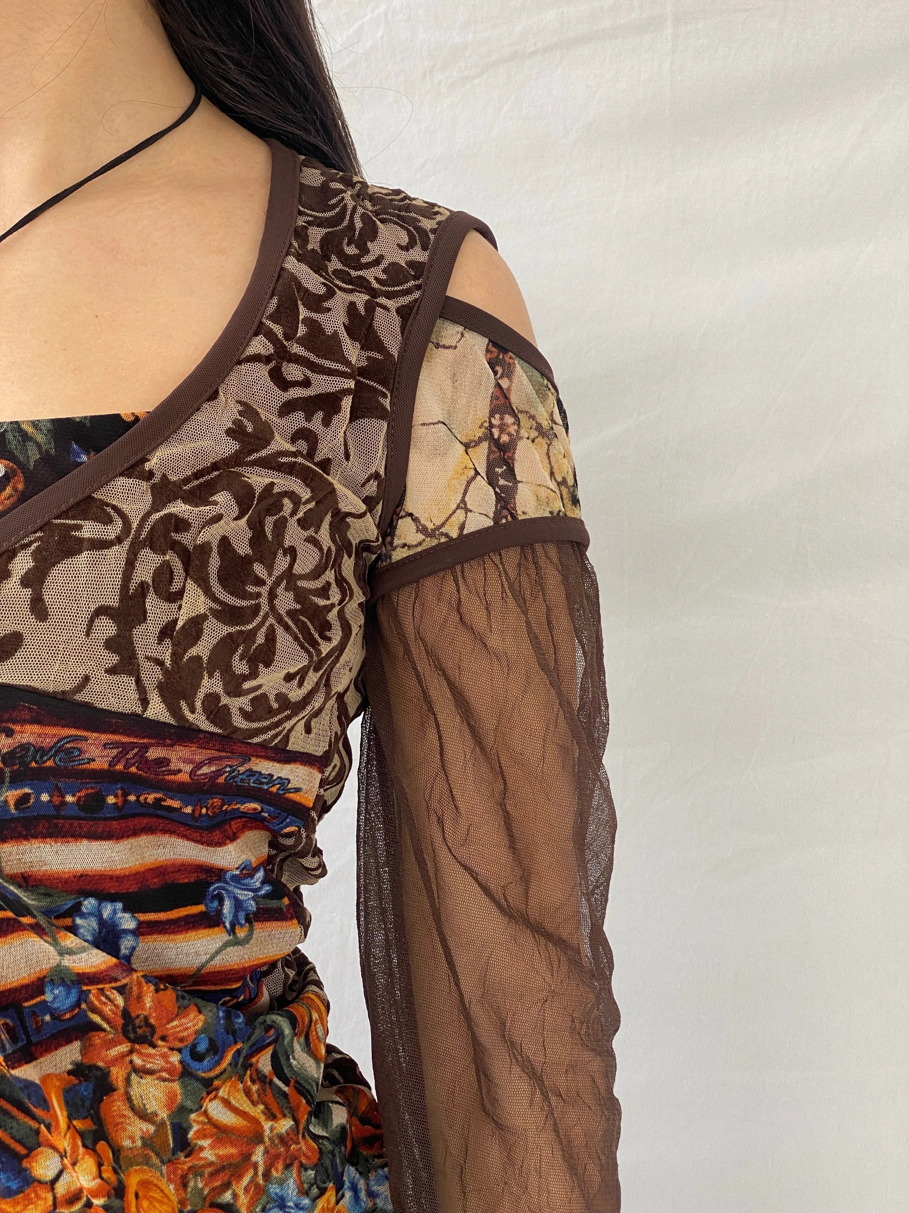 Statement Save The Queen Brown Long Sheer Sleeves Asymmetric Top - M - Balagan Vintage Full Sleeve Top 00s, consignment, Danadabbas, full sleeve top, rare find, rare vintage, save the queen, Syntia, women top