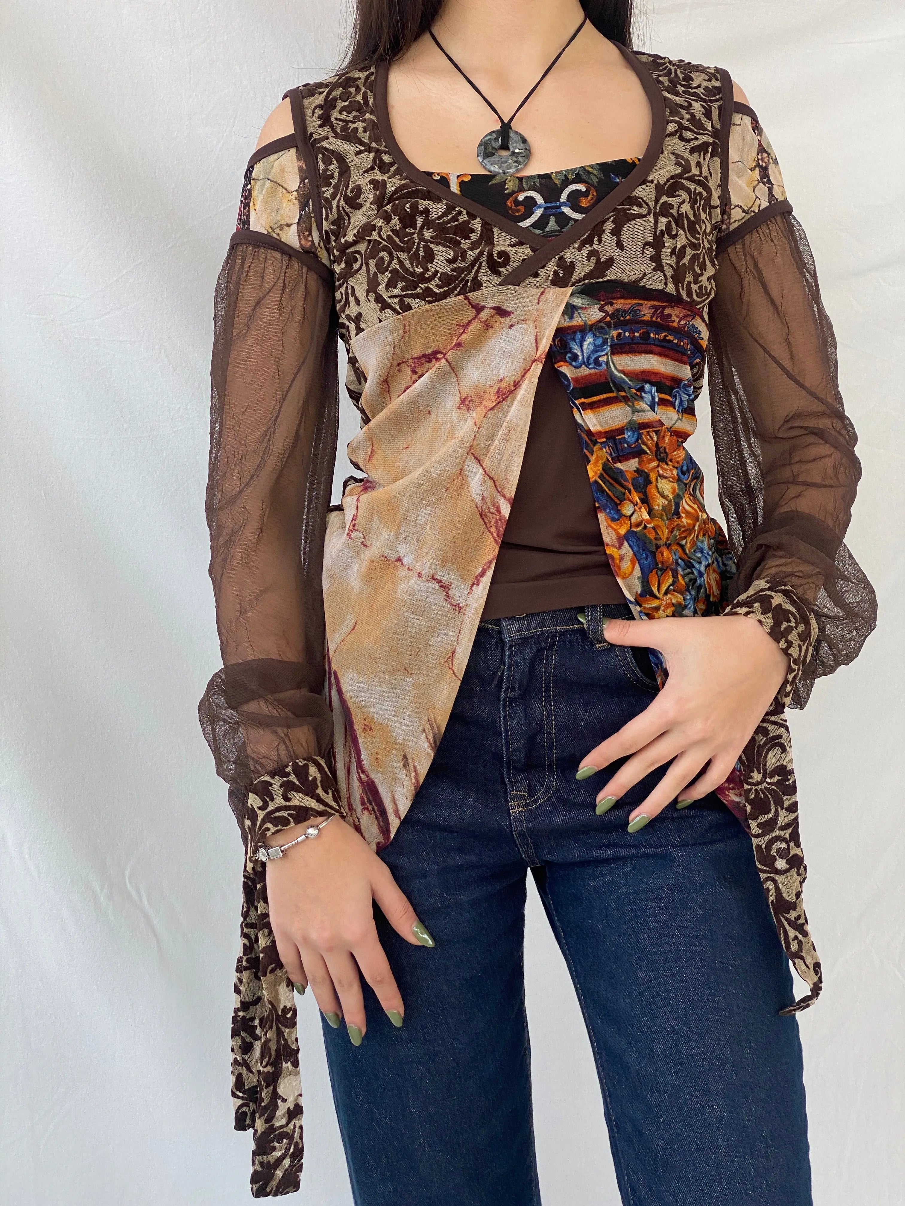 Statement Save The Queen Brown Long Sheer Sleeves Asymmetric Top - M - Balagan Vintage Full Sleeve Top 00s, consignment, Danadabbas, full sleeve top, rare find, rare vintage, save the queen, Syntia, women top