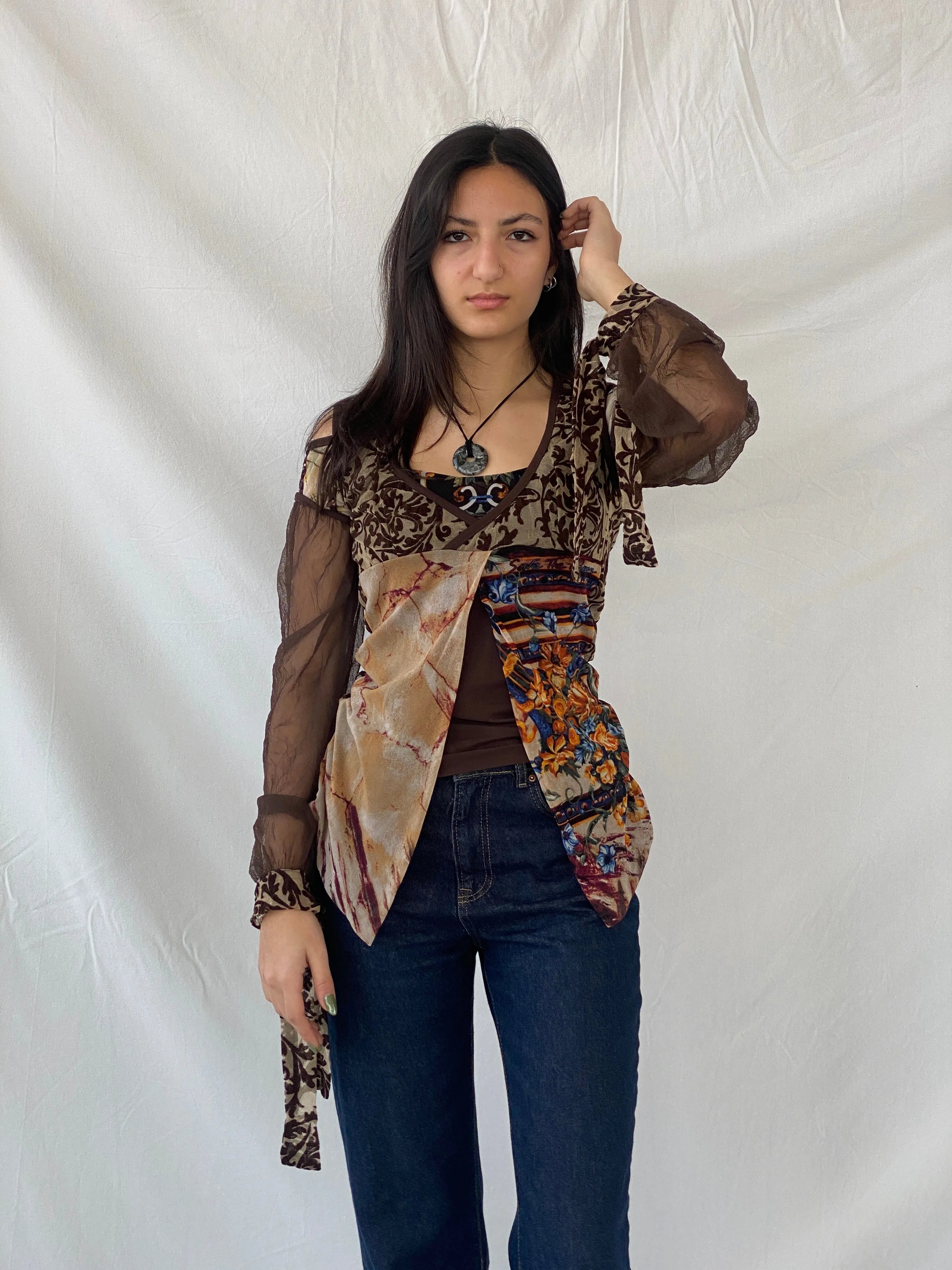 Statement Save The Queen Brown Long Sheer Sleeves Asymmetric Top - M - Balagan Vintage Full Sleeve Top 00s, consignment, Danadabbas, full sleeve top, rare find, rare vintage, save the queen, Syntia, women top