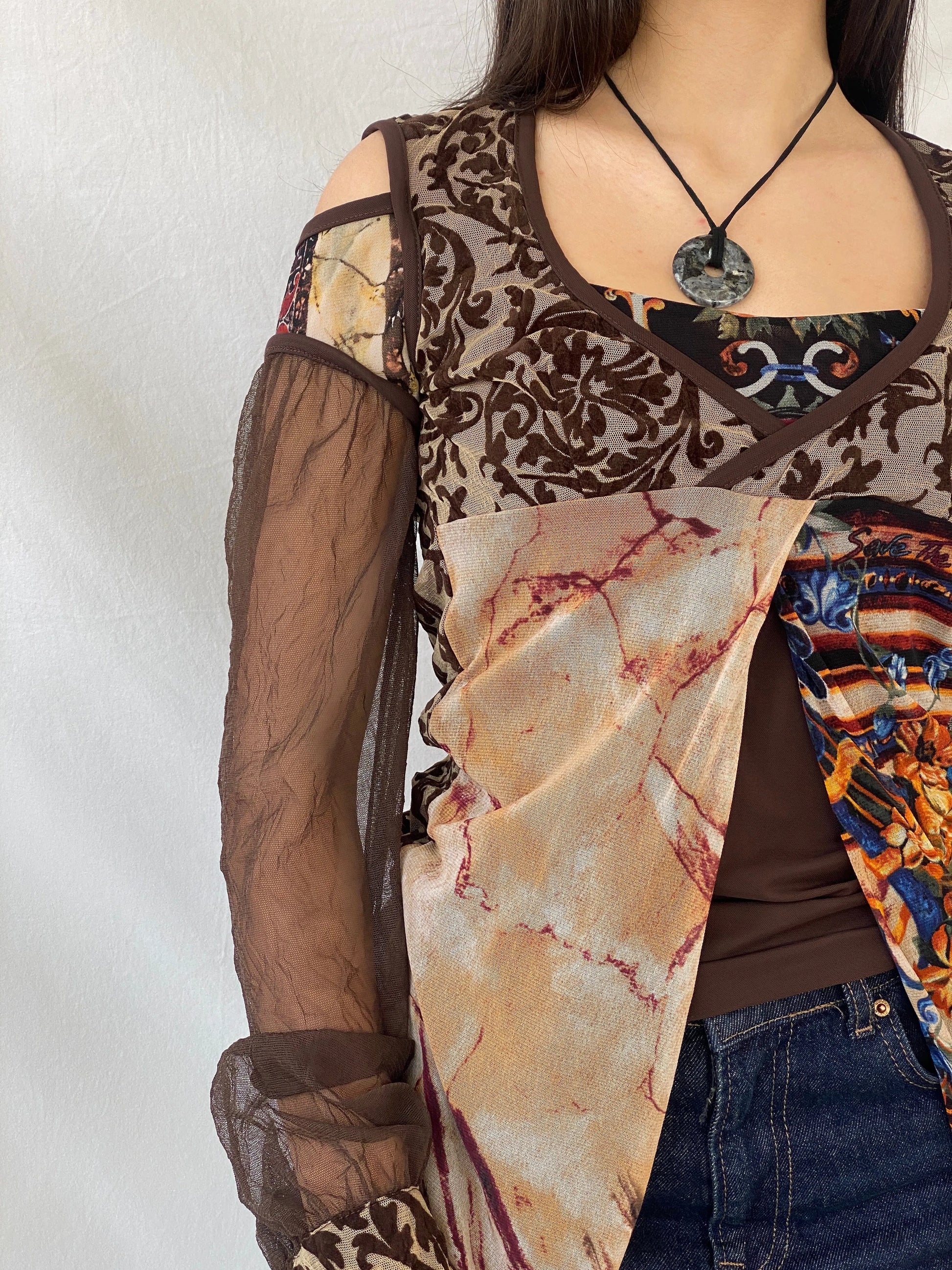 Statement Save The Queen Brown Long Sheer Sleeves Asymmetric Top - M - Balagan Vintage Full Sleeve Top 00s, consignment, Danadabbas, full sleeve top, rare find, rare vintage, save the queen, Syntia, women top
