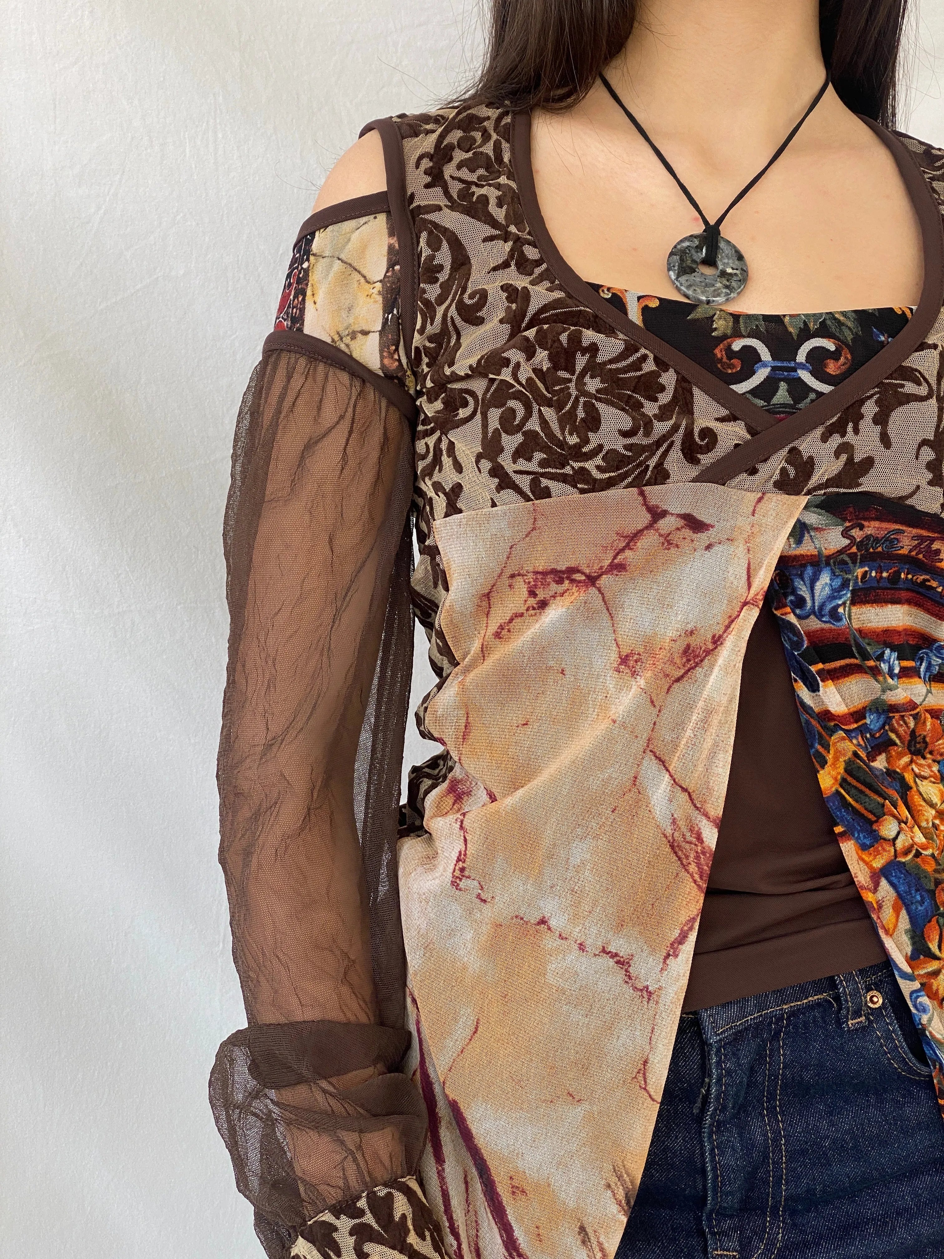 Statement Save The Queen Brown Long Sheer Sleeves Asymmetric Top - M - Balagan Vintage Full Sleeve Top 00s, consignment, Danadabbas, full sleeve top, rare find, rare vintage, save the queen, Syntia, women top