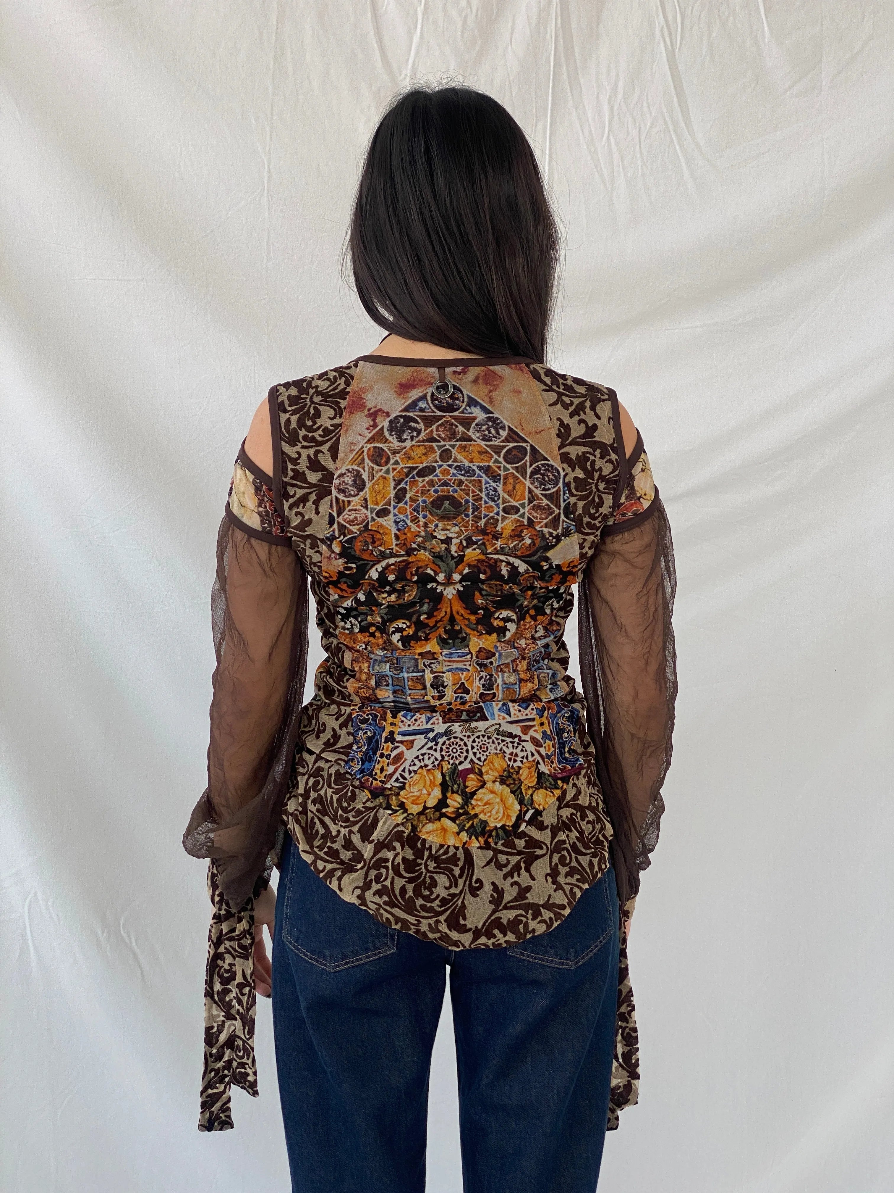 Statement Save The Queen Brown Long Sheer Sleeves Asymmetric Top - M - Balagan Vintage Full Sleeve Top 00s, consignment, Danadabbas, full sleeve top, rare find, rare vintage, save the queen, Syntia, women top