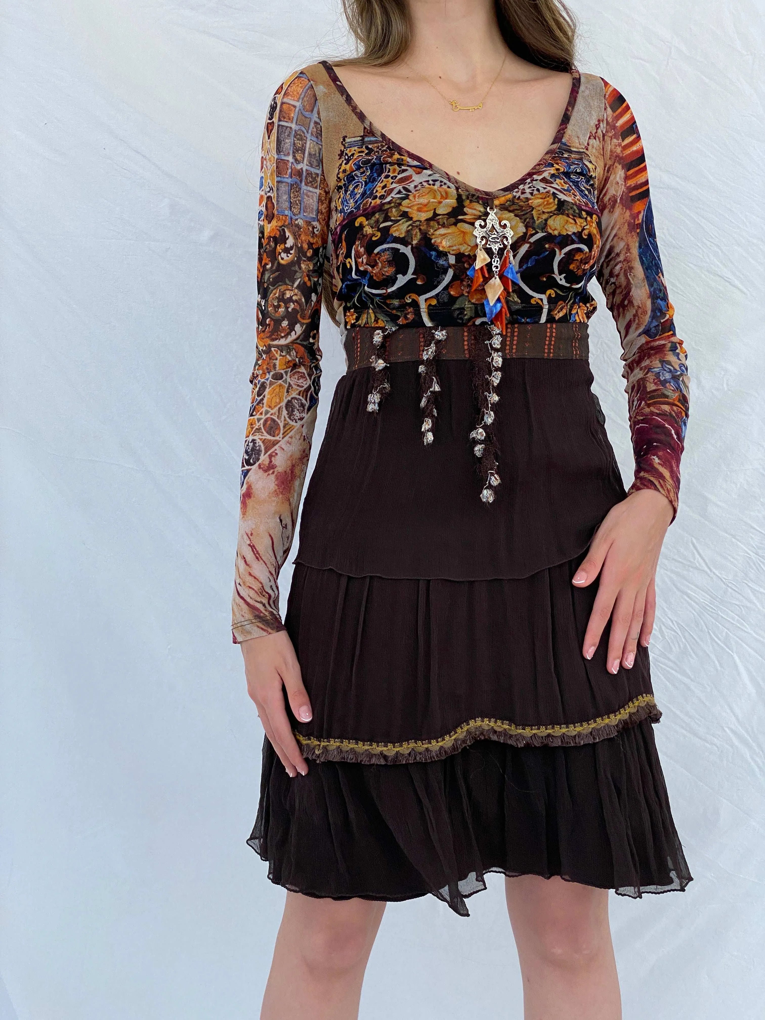 Statement Save The Queen Printed Brown Tulle-Ruffled Midi Dress - M - Balagan Vintage Midi Dress 00s, 90s, 90s dress, floral dress, midi dress, Mira, save the queen