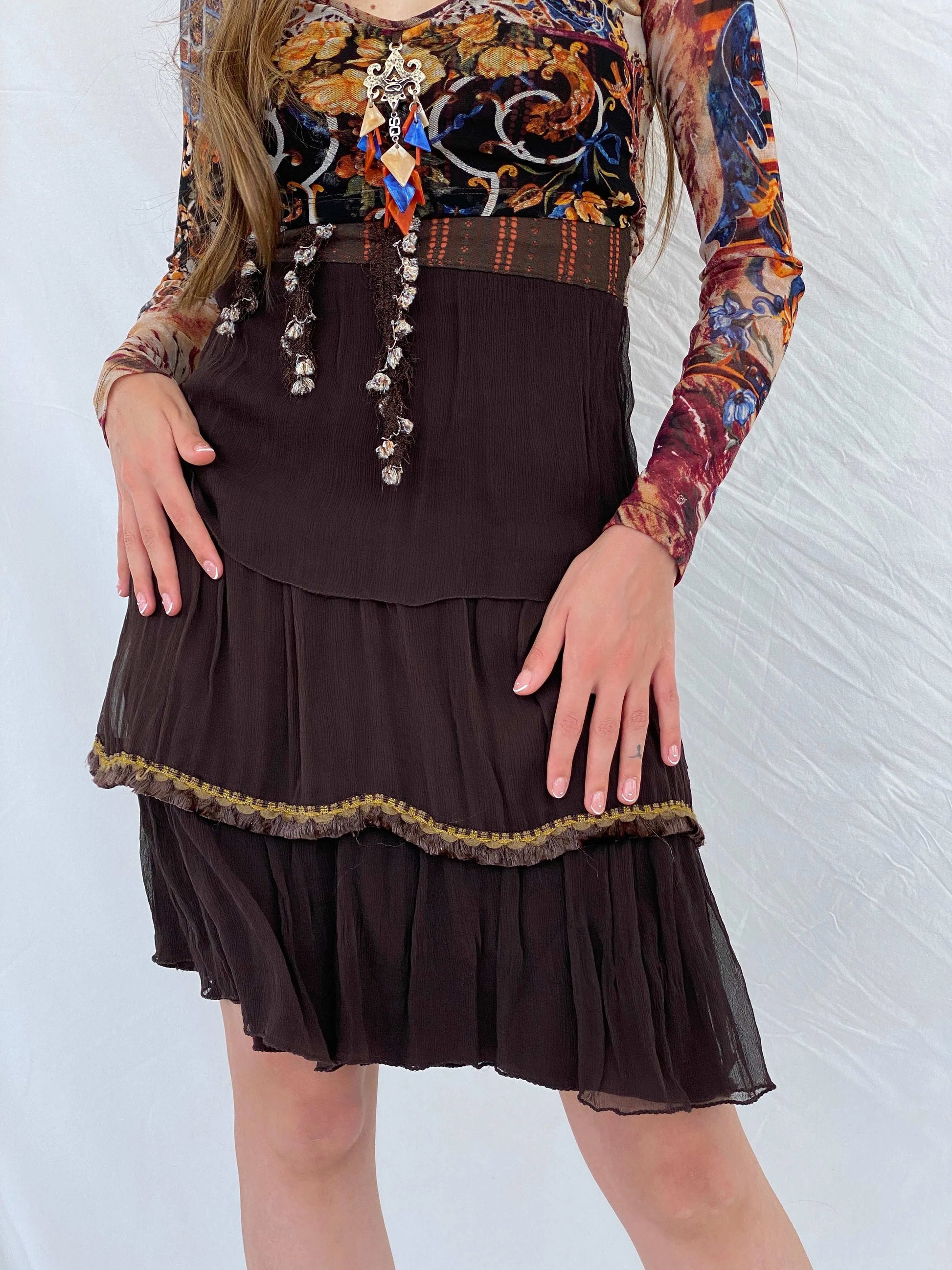 Statement Save The Queen Printed Brown Tulle-Ruffled Midi Dress - M - Balagan Vintage Midi Dress 00s, 90s, 90s dress, floral dress, midi dress, Mira, save the queen
