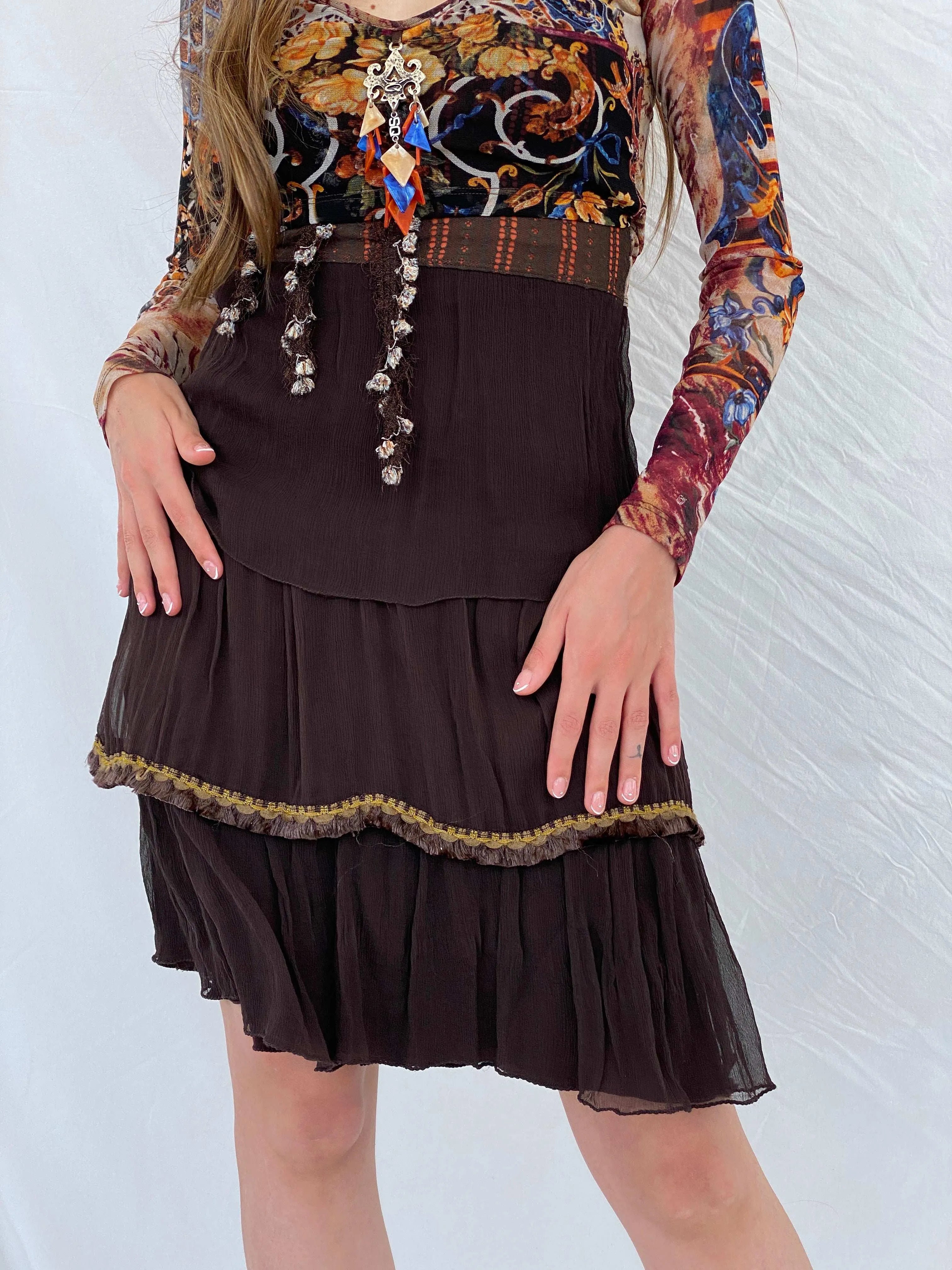 Statement Save The Queen Printed Brown Tulle-Ruffled Midi Dress - M - Balagan Vintage Midi Dress 00s, 90s, 90s dress, floral dress, midi dress, Mira, save the queen