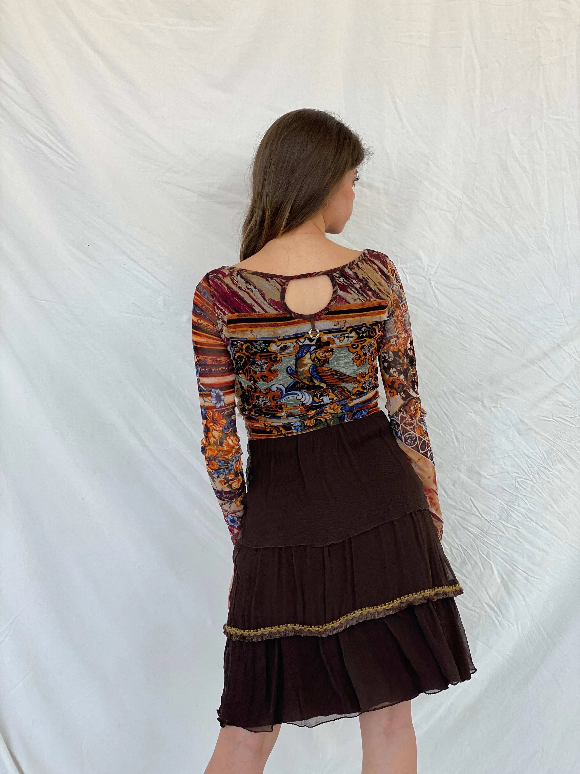 Statement Save The Queen Printed Brown Tulle-Ruffled Midi Dress - M - Balagan Vintage Midi Dress 00s, 90s, 90s dress, floral dress, midi dress, Mira, save the queen