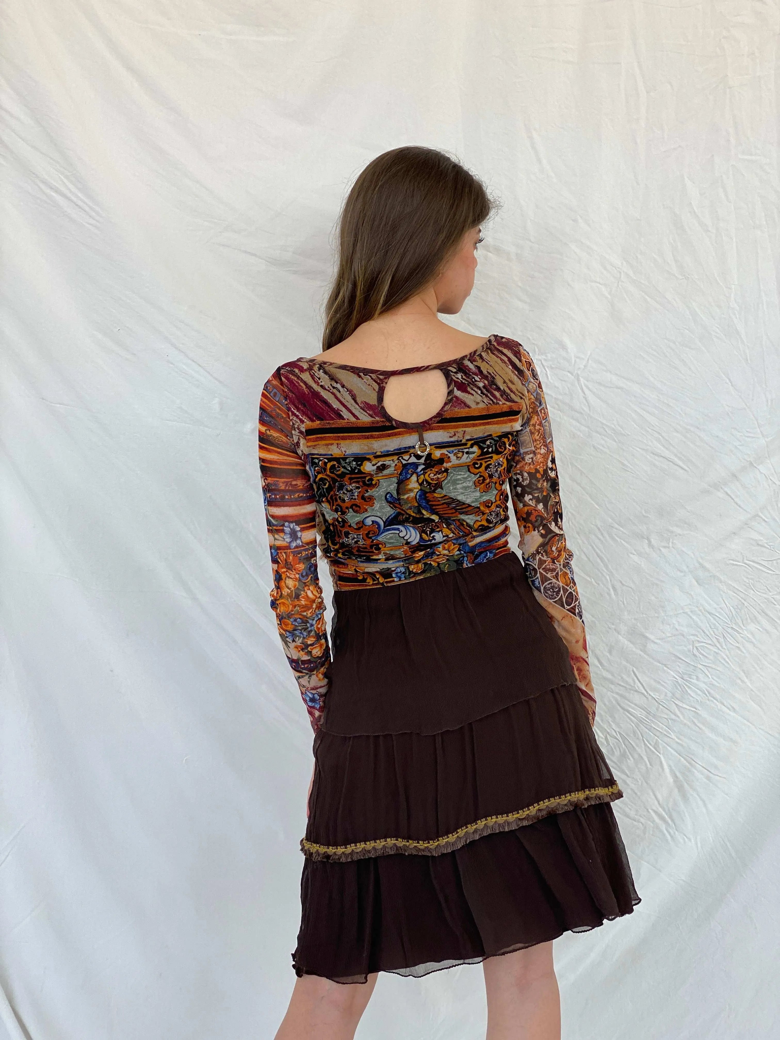 Statement Save The Queen Printed Brown Tulle-Ruffled Midi Dress - M - Balagan Vintage Midi Dress 00s, 90s, 90s dress, floral dress, midi dress, Mira, save the queen