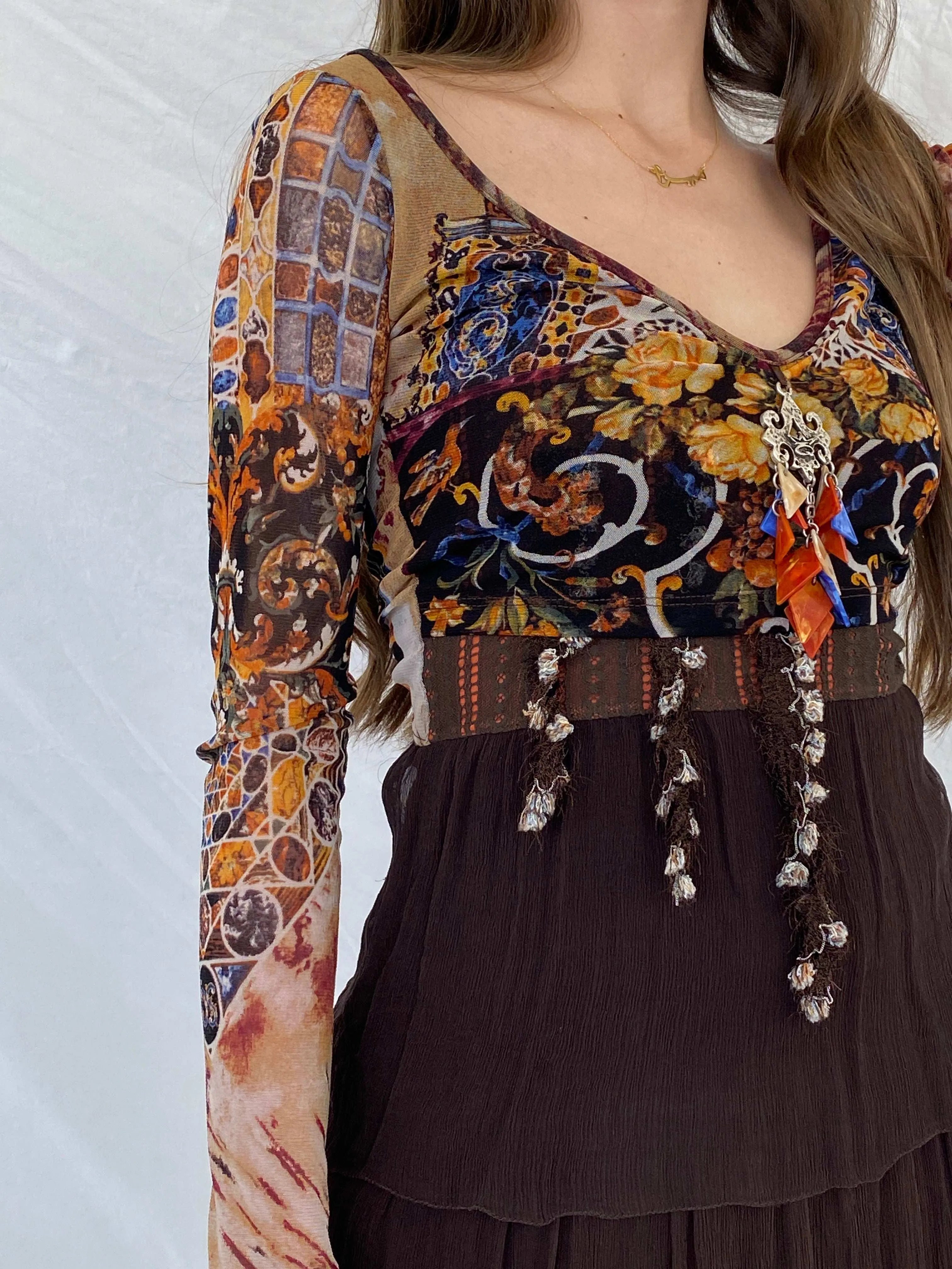 Statement Save The Queen Printed Brown Tulle-Ruffled Midi Dress - M - Balagan Vintage Midi Dress 00s, 90s, 90s dress, floral dress, midi dress, Mira, save the queen
