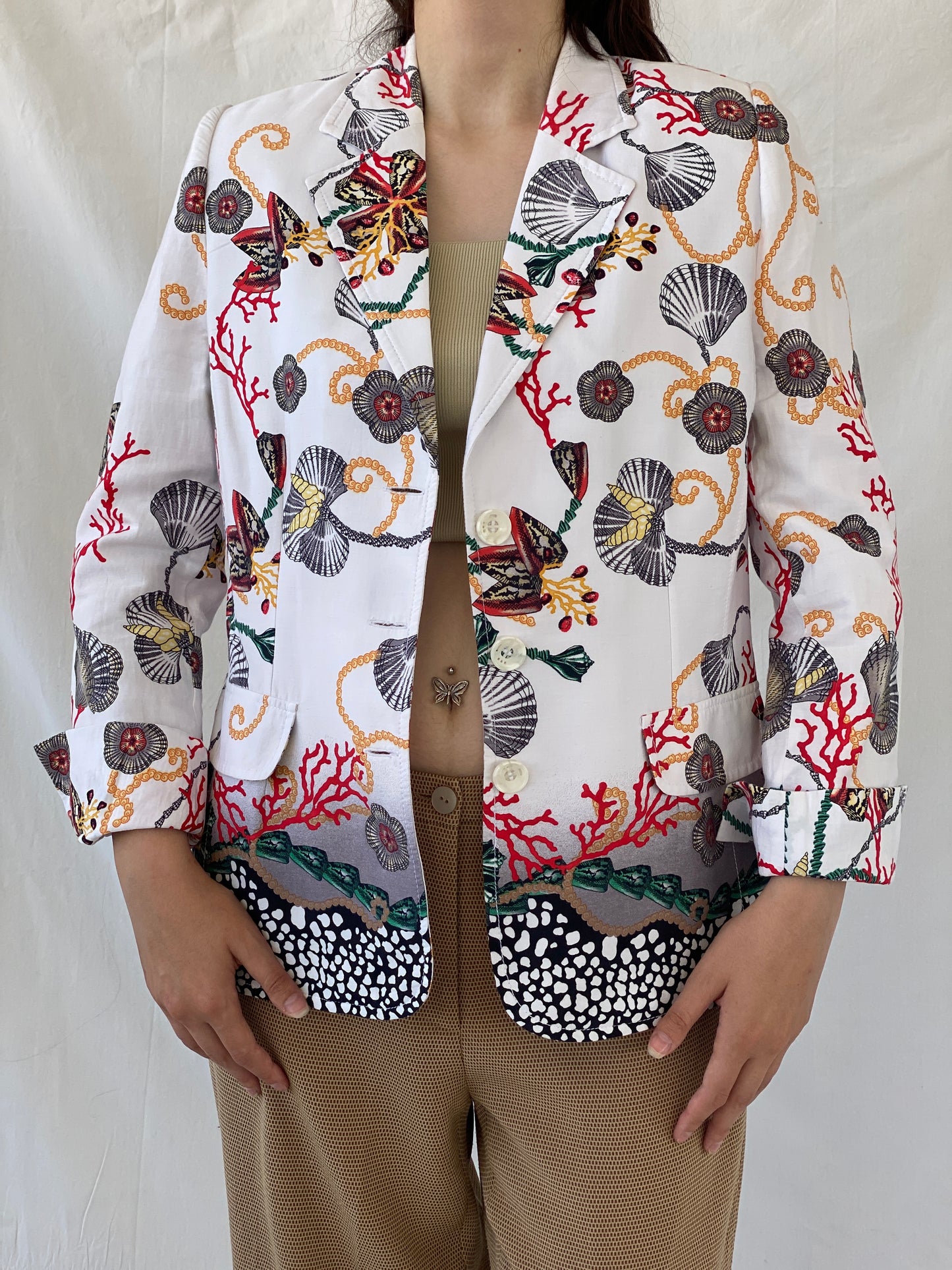 Statement SELMA Ivory Multicolor Seashell Red Coral Printed Cotton Blazer - XL - Balagan Vintage Blazer 00s, Ayah, blazer, consignment, NEW IN, Shereen, striped