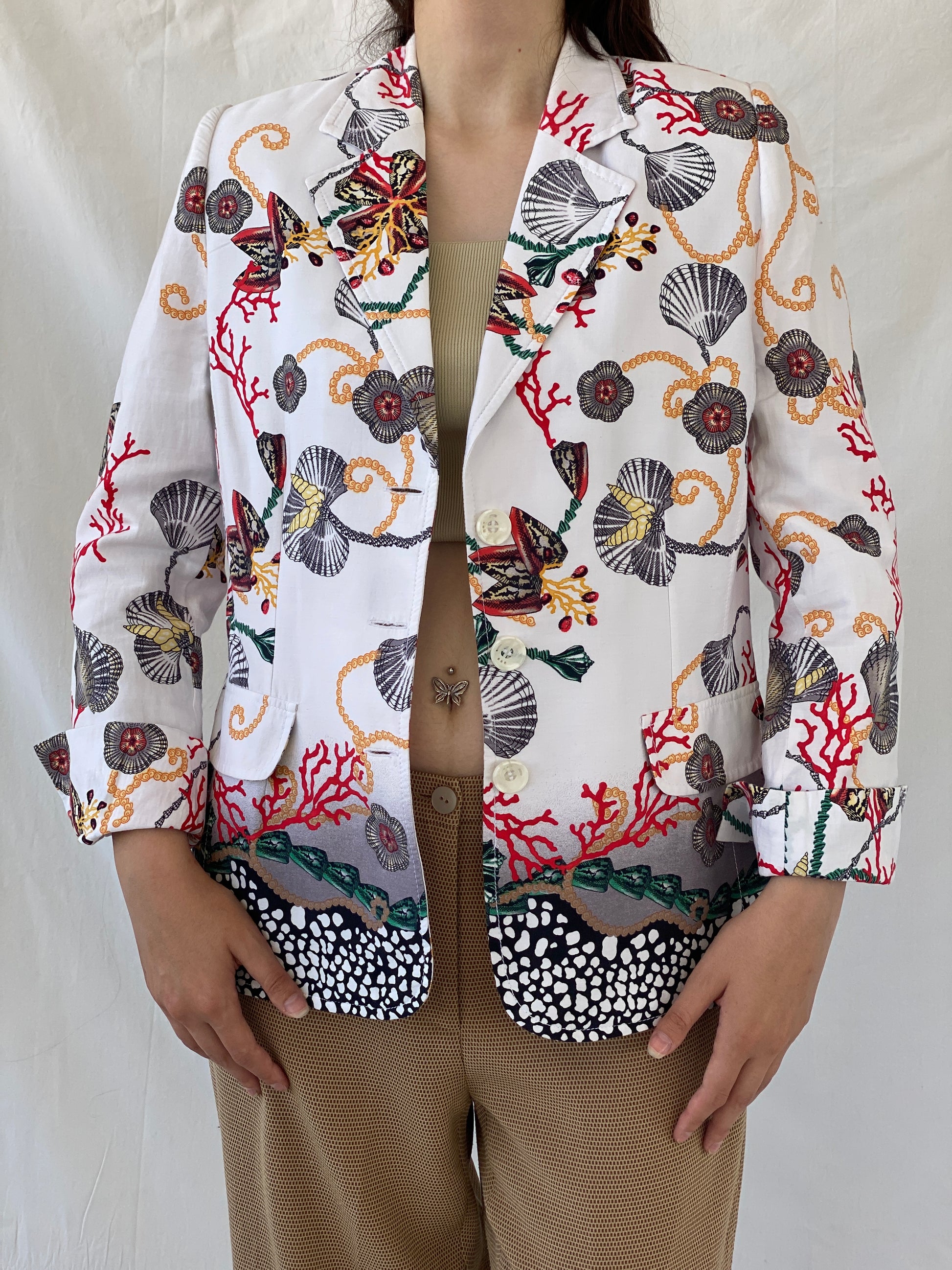 Statement SELMA Ivory Multicolor Seashell Red Coral Printed Cotton Blazer - XL - Balagan Vintage Blazer 00s, Ayah, blazer, consignment, NEW IN, Shereen, striped