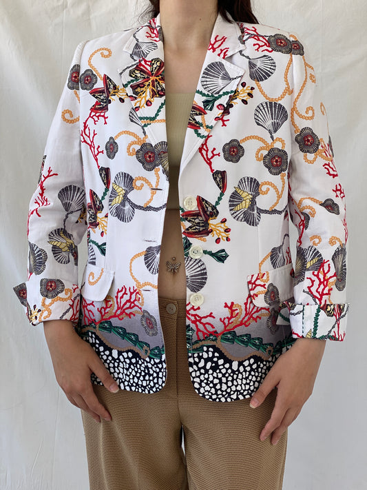 Statement SELMA Ivory Multicolor Seashell Red Coral Printed Cotton Blazer - XL - Balagan Vintage Blazer 00s, Ayah, blazer, consignment, NEW IN, Shereen, striped