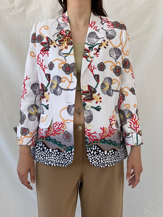 Statement SELMA Ivory Multicolor Seashell Red Coral Printed Cotton Blazer - XL - Balagan Vintage Blazer 00s, Ayah, blazer, consignment, NEW IN, Shereen, striped