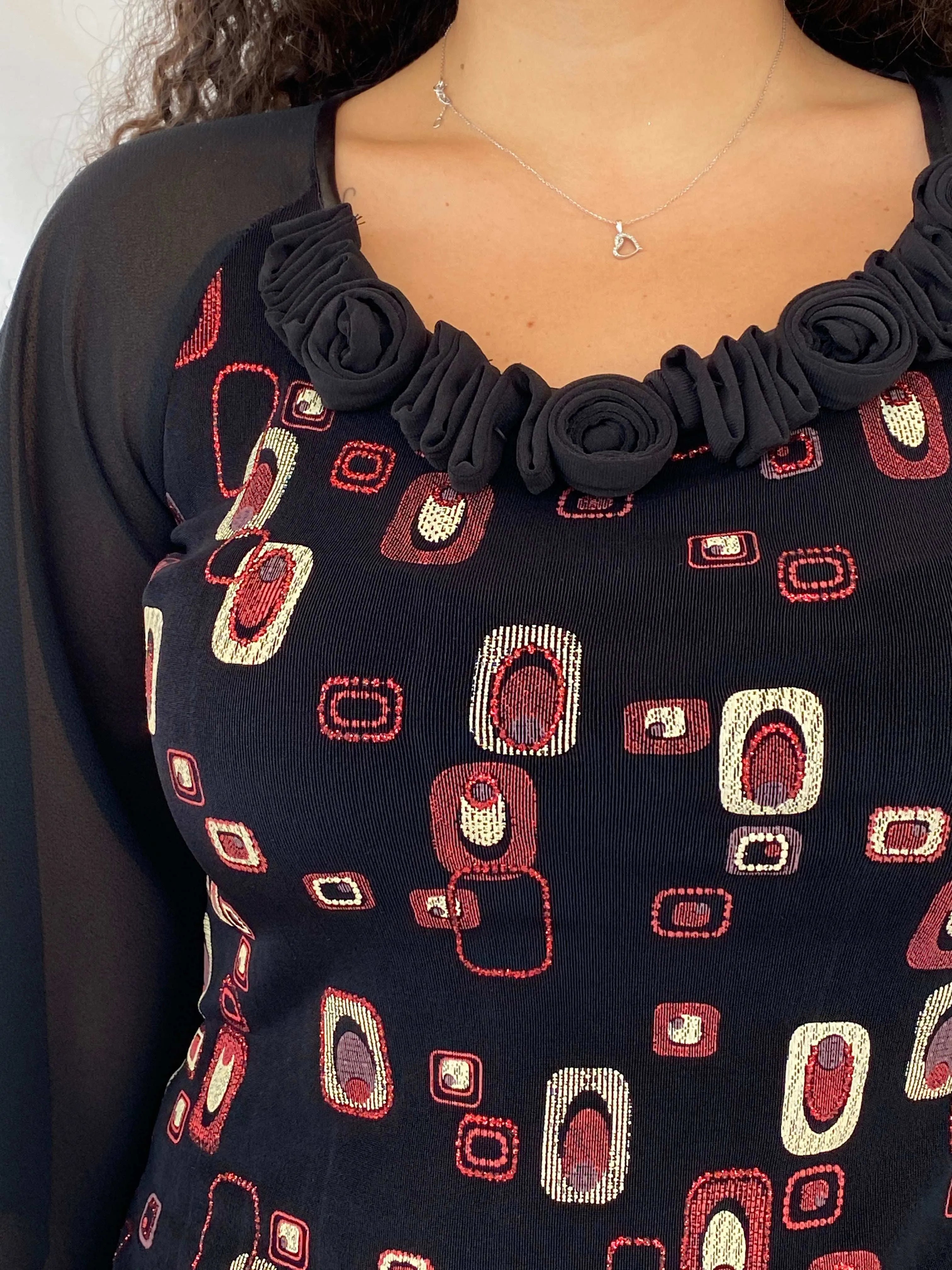 Statement Semi Sheer Black&Red Blouse - Size M - Balagan Vintage Full Sleeve Top 00s, 90s, Dina, full sleeve top, sheer
