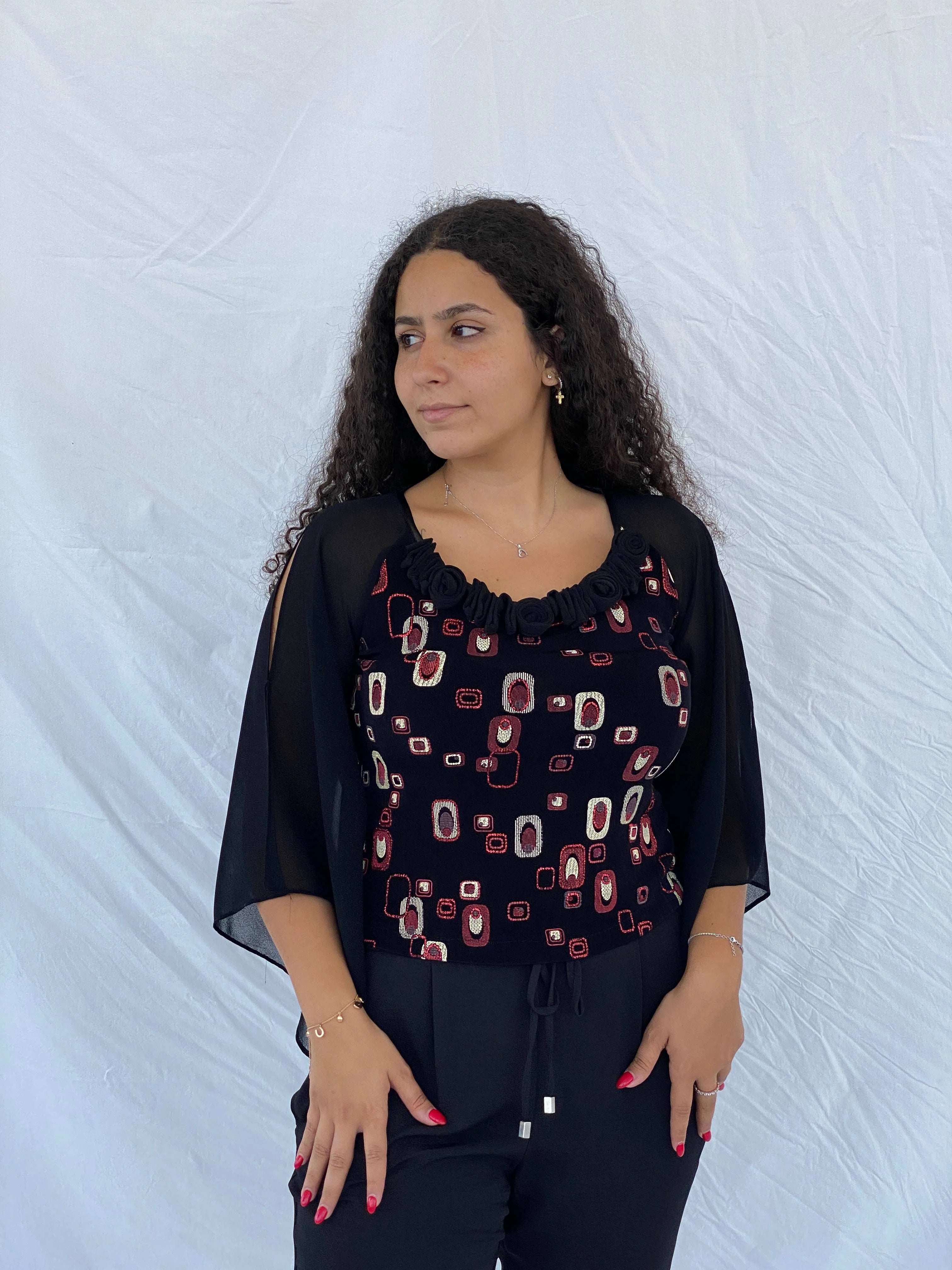 Statement Semi Sheer Black&Red Blouse - Size M - Balagan Vintage Full Sleeve Top 00s, 90s, Dina, full sleeve top, sheer