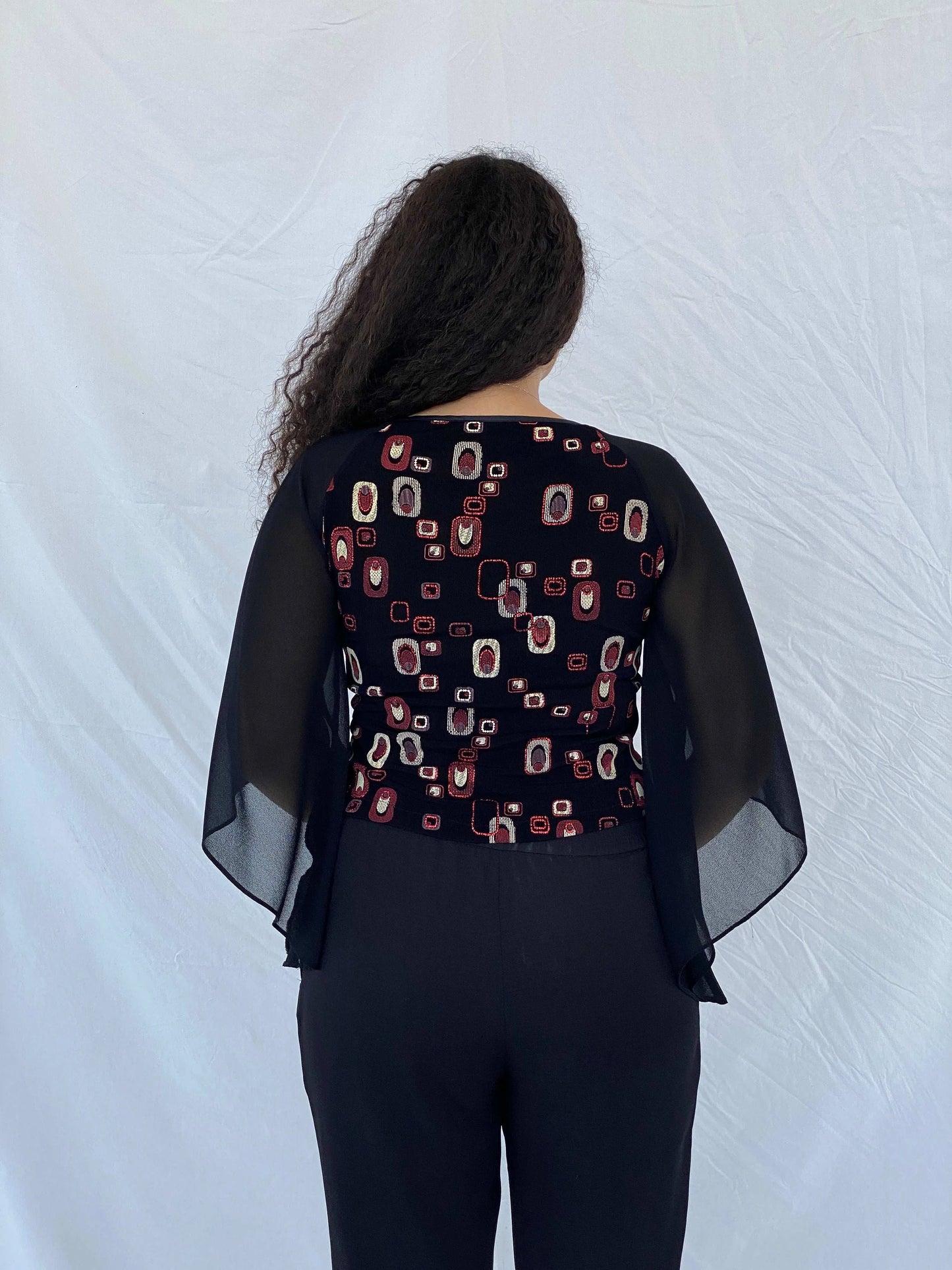 Statement Semi Sheer Black&Red Blouse - Size M - Balagan Vintage Full Sleeve Top 00s, 90s, Dina, full sleeve top, sheer