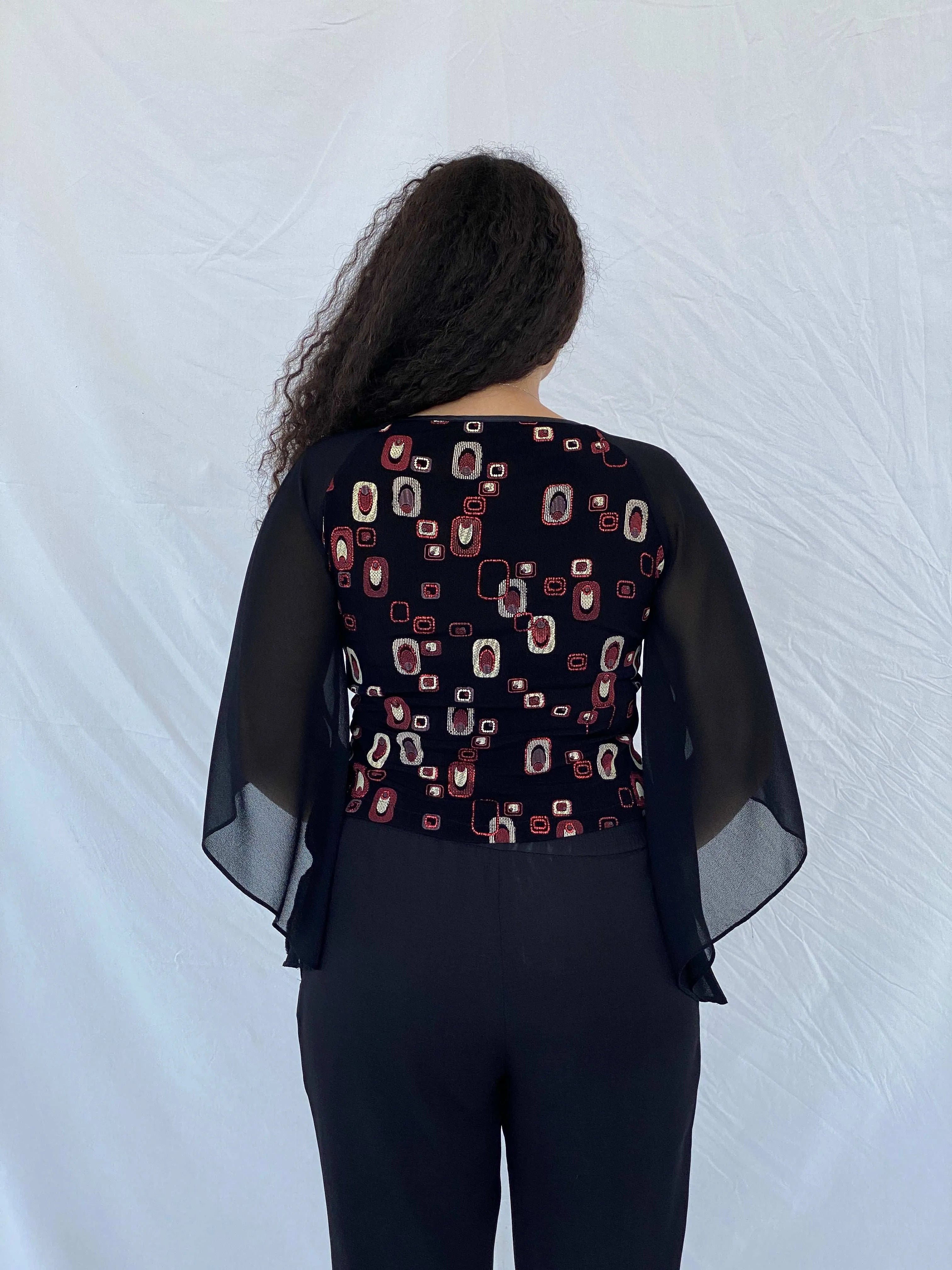 Statement Semi Sheer Black&Red Blouse - Size M - Balagan Vintage Full Sleeve Top 00s, 90s, Dina, full sleeve top, sheer