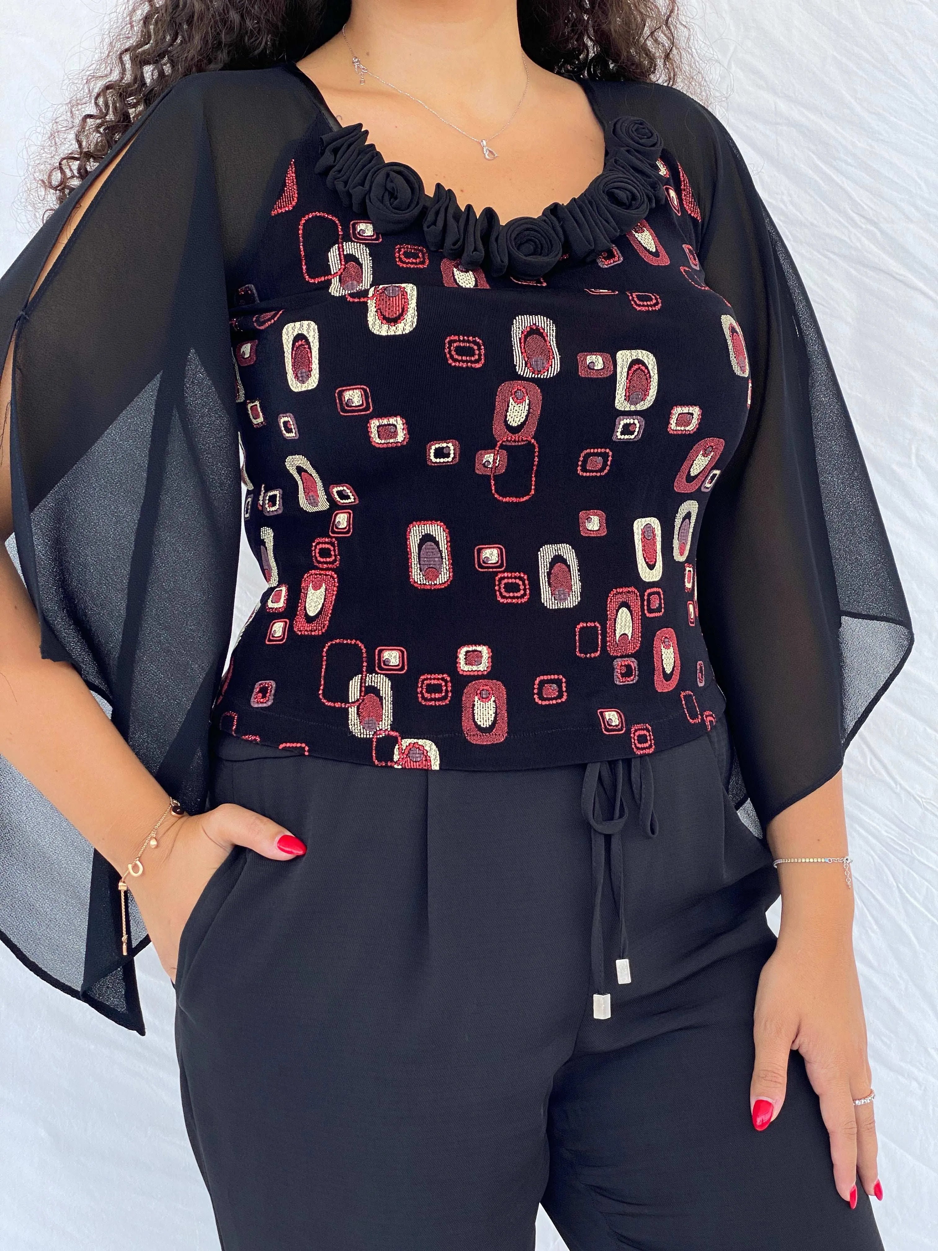 Statement Semi Sheer Black&Red Blouse - Size M - Balagan Vintage Full Sleeve Top 00s, 90s, Dina, full sleeve top, sheer