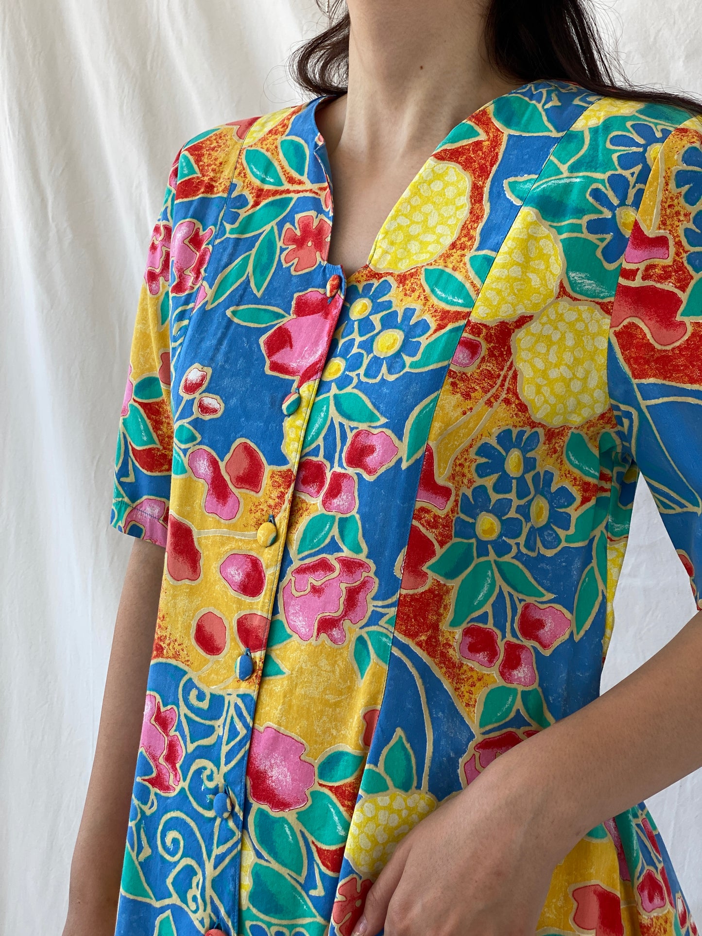 Statement Vintage Bella Donna Yellow Blue Colorful Floral Short Sleeve Women’s Shirt - L - Balagan Vintage Half Sleeve Shirt 90s, Ayah, floral shirt, half sleeve shirt, NEW IN, shirt, women shirt