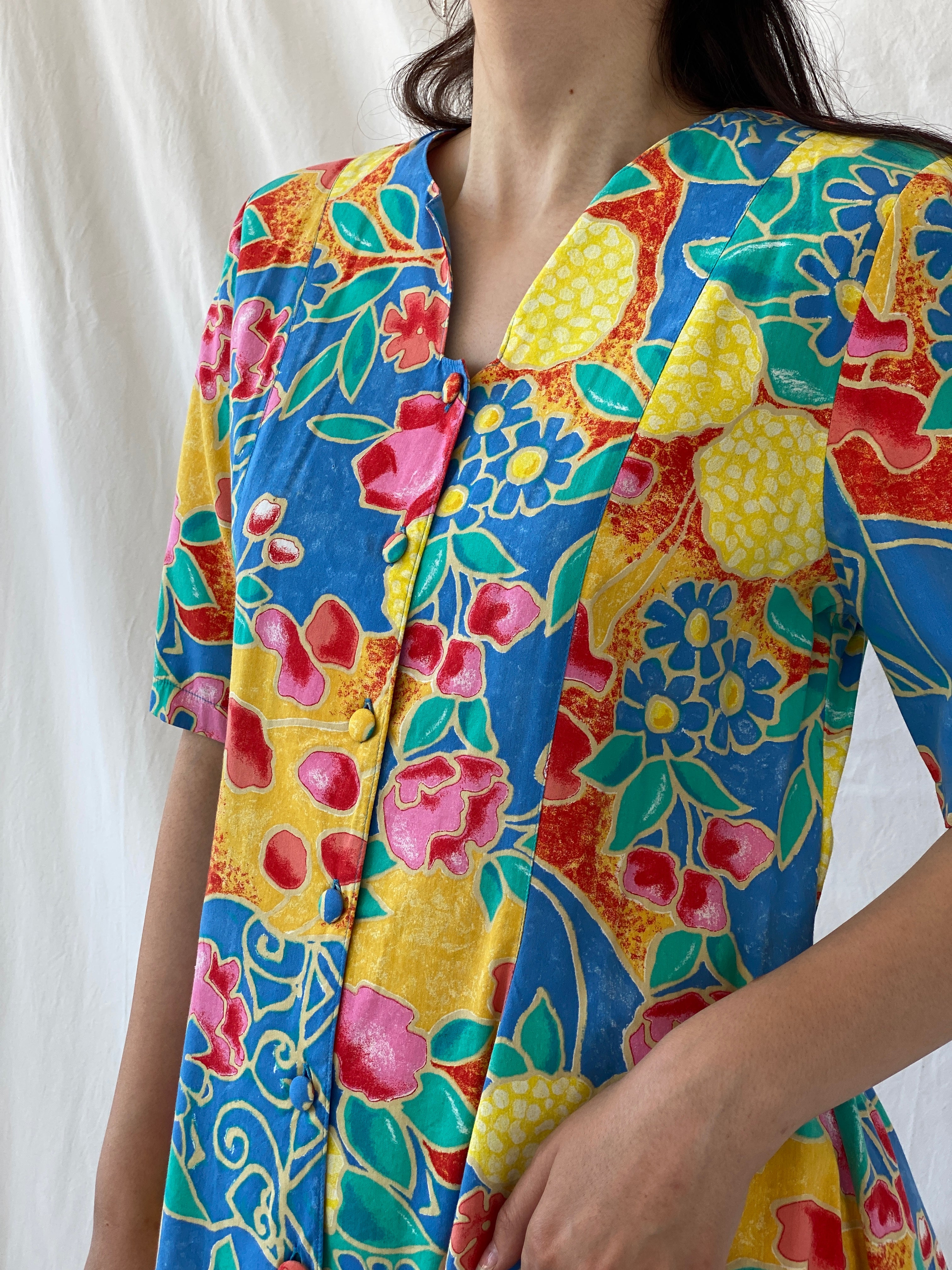 Statement Vintage Bella Donna Yellow Blue Colorful Floral Short Sleeve Women’s Shirt - L - Balagan Vintage Half Sleeve Shirt 90s, Ayah, floral shirt, half sleeve shirt, NEW IN, shirt, women shirt