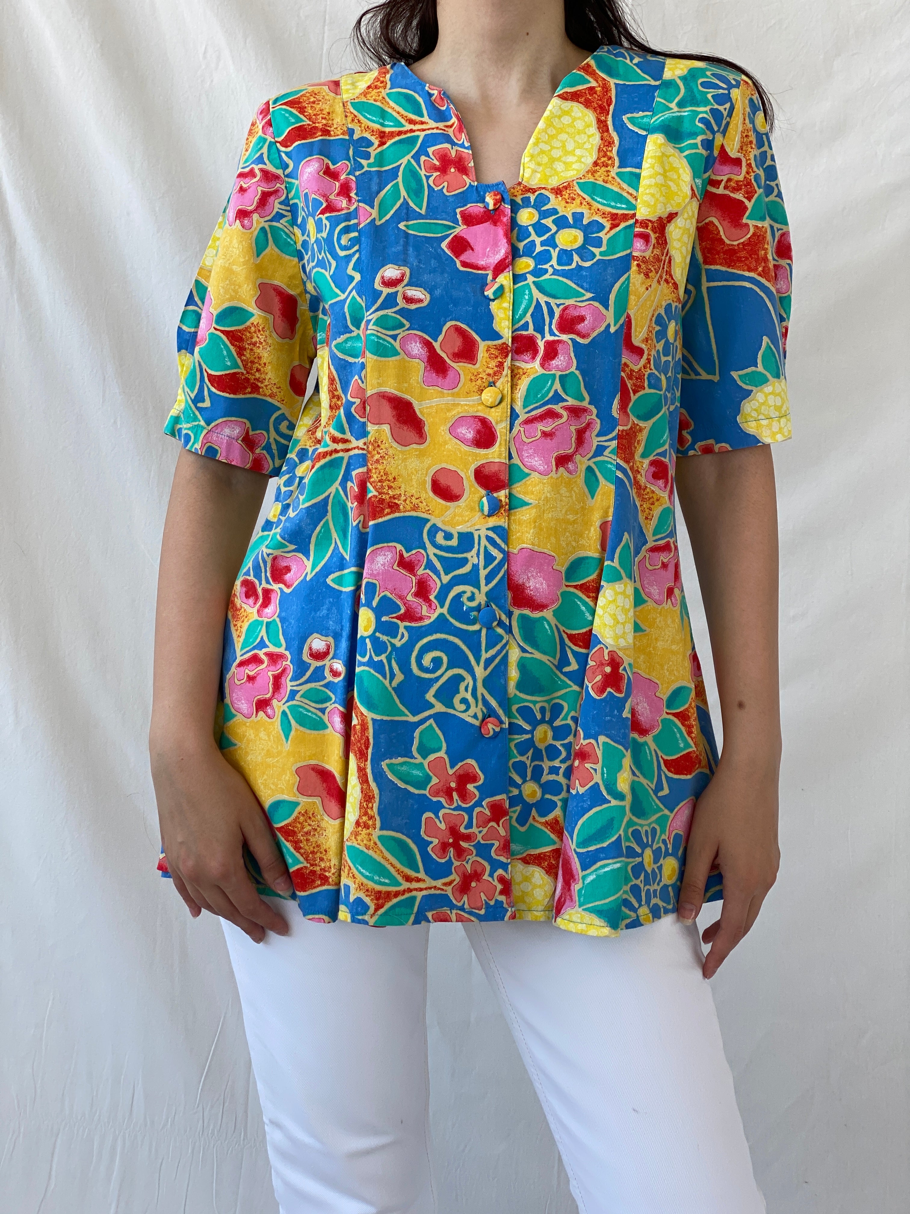 Statement Vintage Bella Donna Yellow Blue Colorful Floral Short Sleeve Women’s Shirt - L - Balagan Vintage Half Sleeve Shirt 90s, Ayah, floral shirt, half sleeve shirt, NEW IN, shirt, women shirt