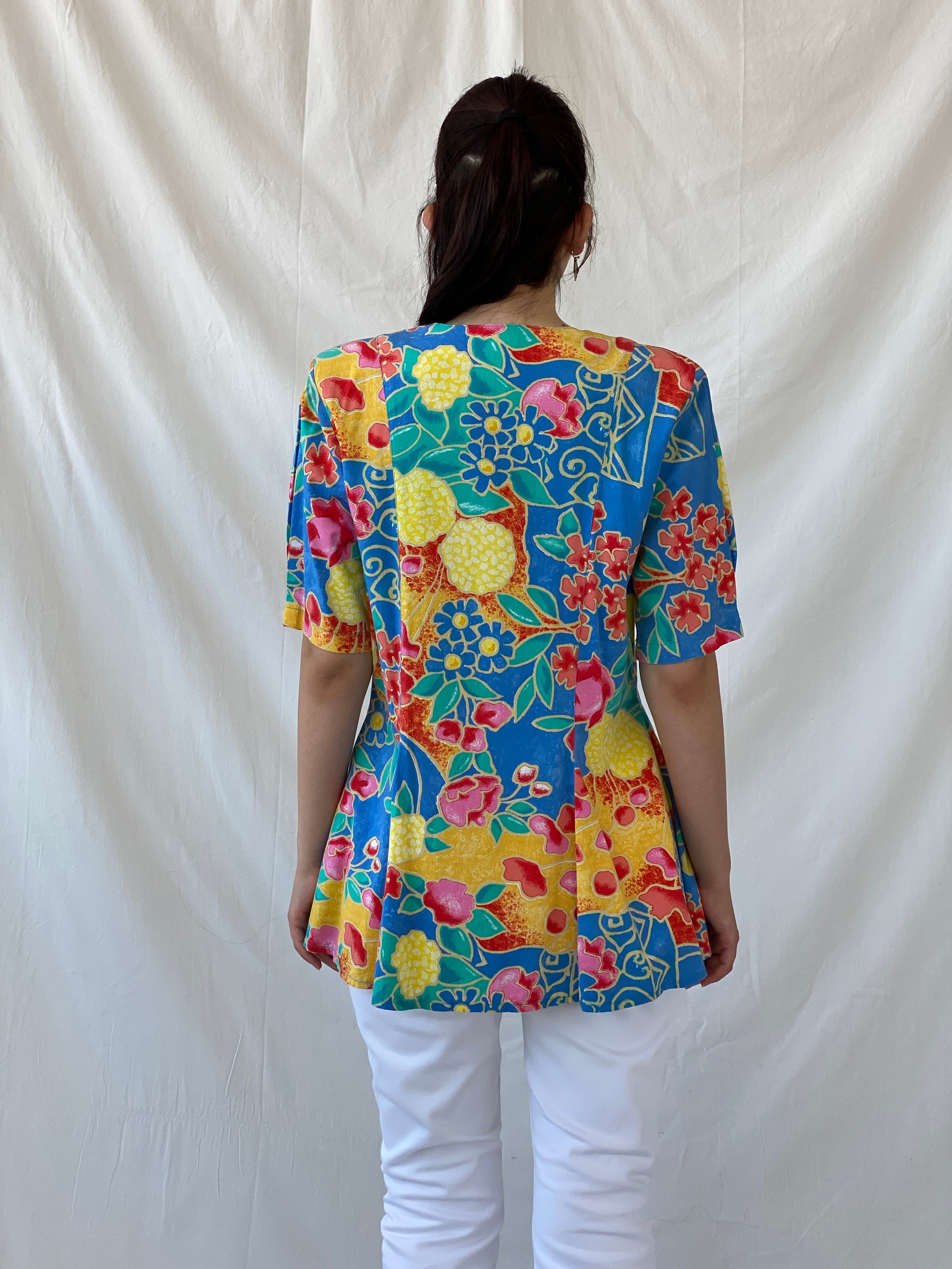 Statement Vintage Bella Donna Yellow Blue Colorful Floral Short Sleeve Women’s Shirt - L - Balagan Vintage Half Sleeve Shirt 90s, Ayah, floral shirt, half sleeve shirt, NEW IN, shirt, women shirt