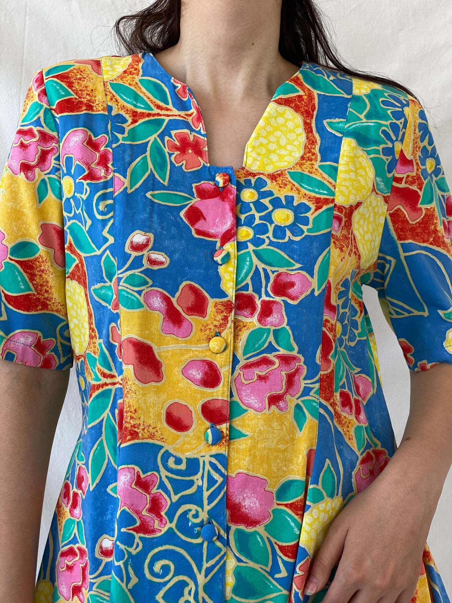 Statement Vintage Bella Donna Yellow Blue Colorful Floral Short Sleeve Women’s Shirt - L - Balagan Vintage Half Sleeve Shirt 90s, Ayah, floral shirt, half sleeve shirt, NEW IN, shirt, women shirt